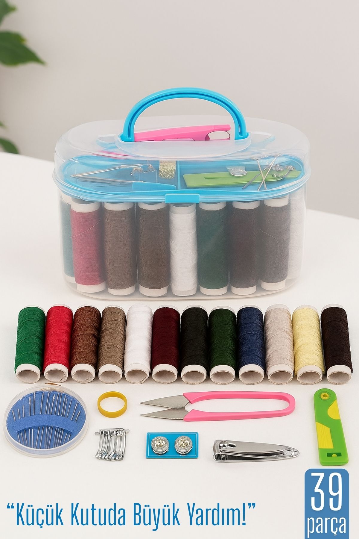 Özel Kutulu 39 Parça Dikiş Seti – Renkli İplikler, Makas, İğne, Mezura ve Aksesuarlar 711837