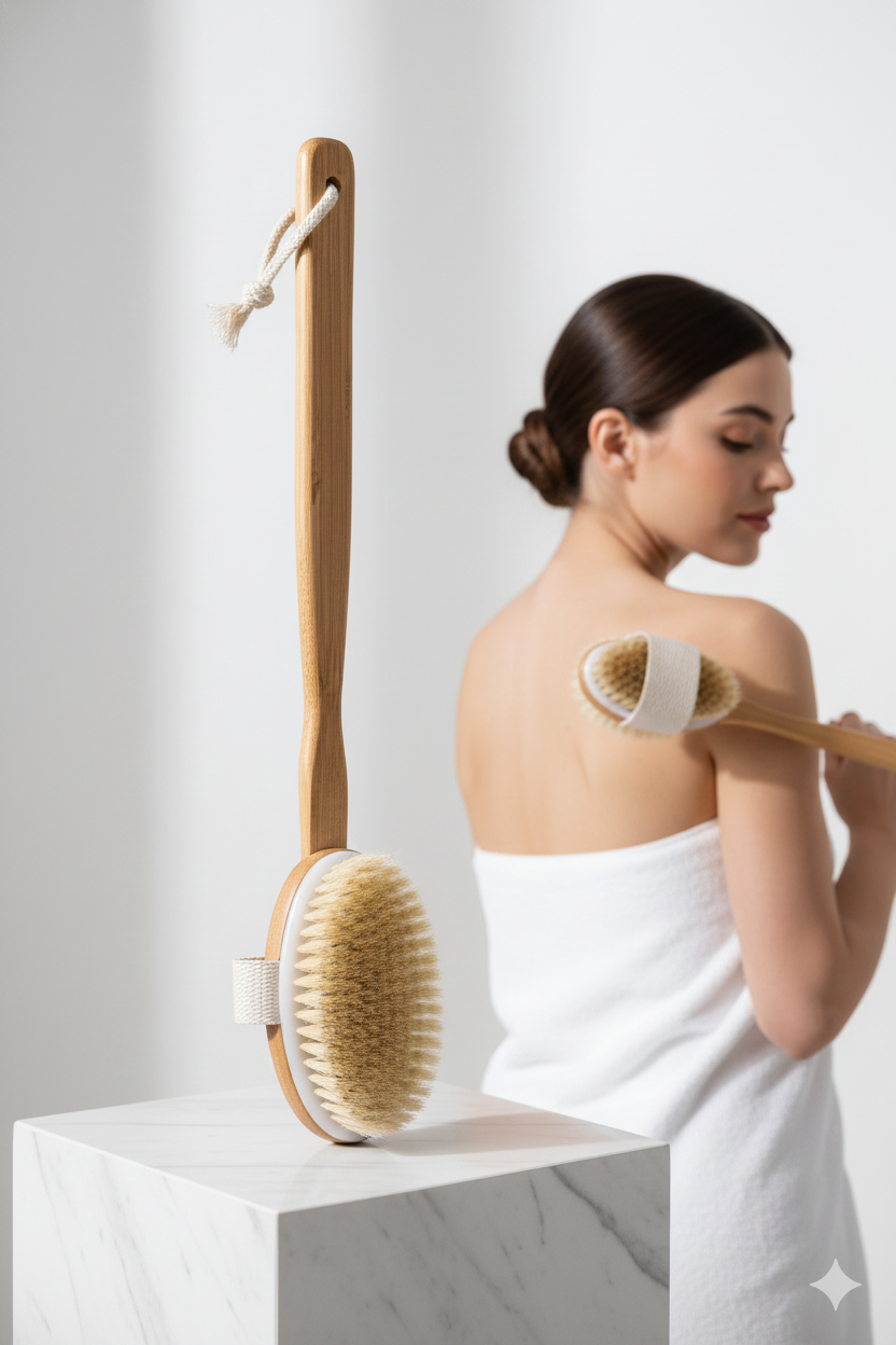 Ahşap Saplı Sırt Banyo Fırçası | Doğal At Kılı Vücut Fırçalama | Peeling ve Selülit Masaj 716166