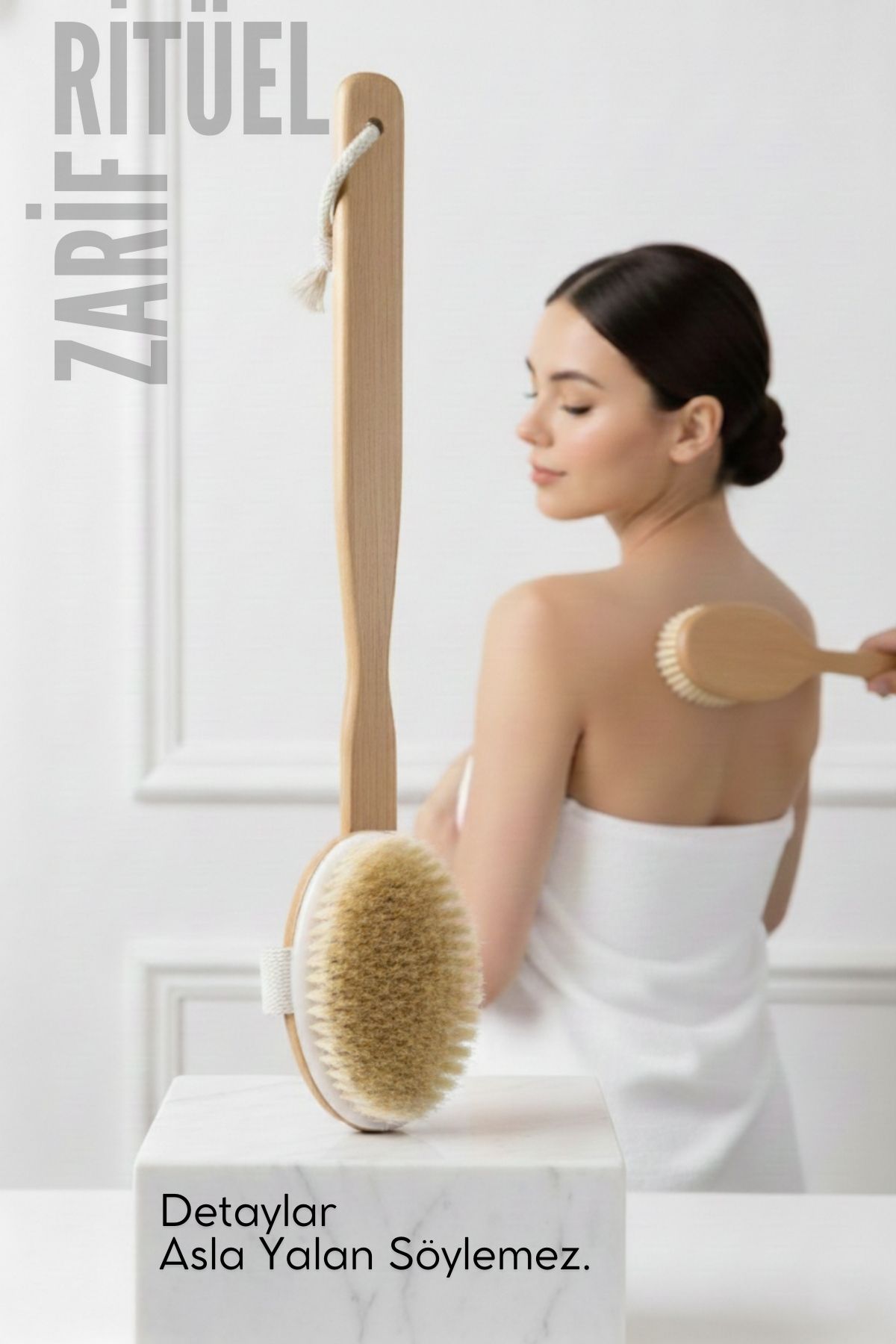 Ahşap Saplı Sırt Banyo Fırçası | Doğal At Kılı Vücut Fırçalama | Peeling ve Selülit Masaj 716166