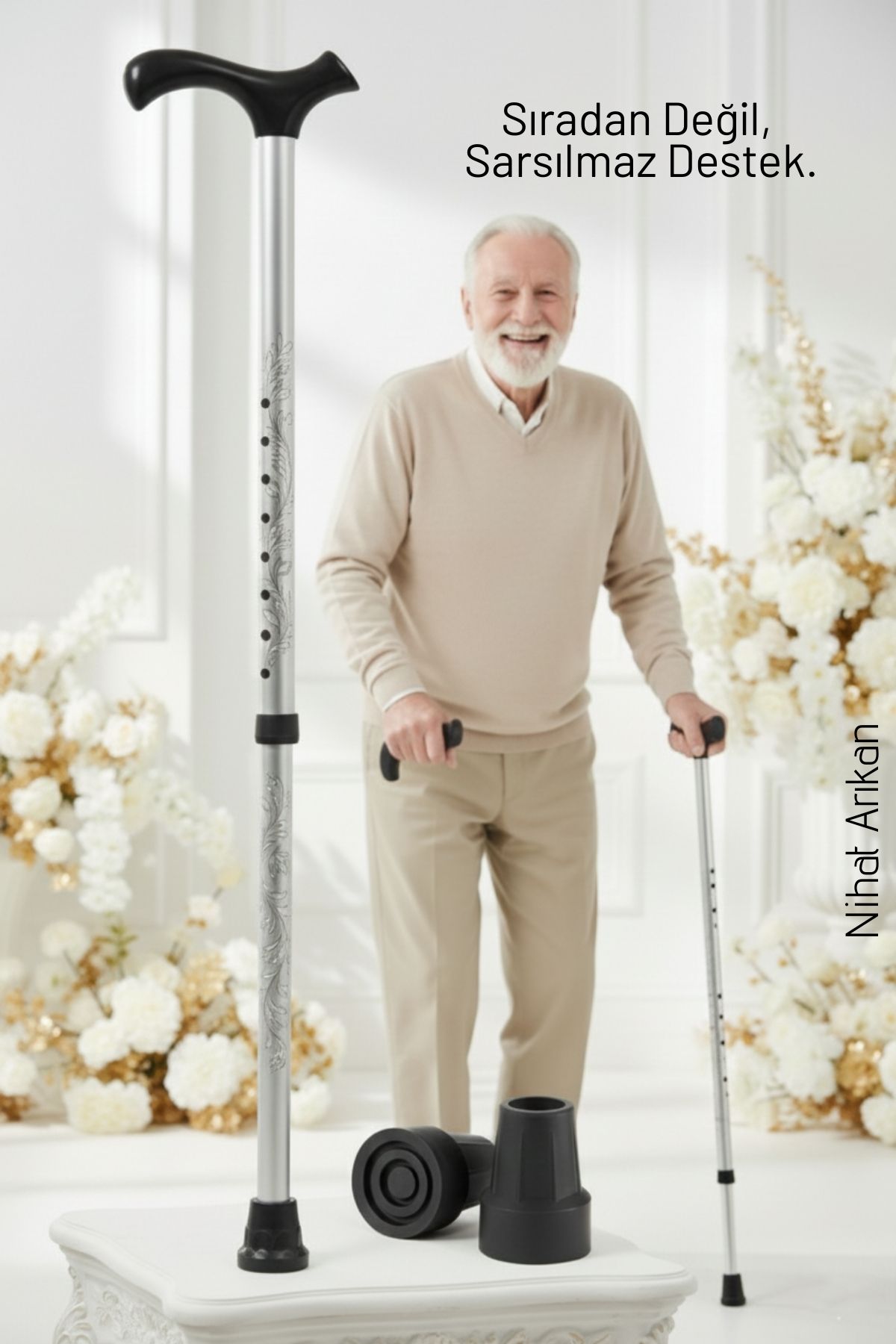 Yükseklik Ayarlanabilir GRİ  Metal Baston - 7 Kademe Ayarlı Ergonomik Denge Desteği + 2 Yedek Uç 716433