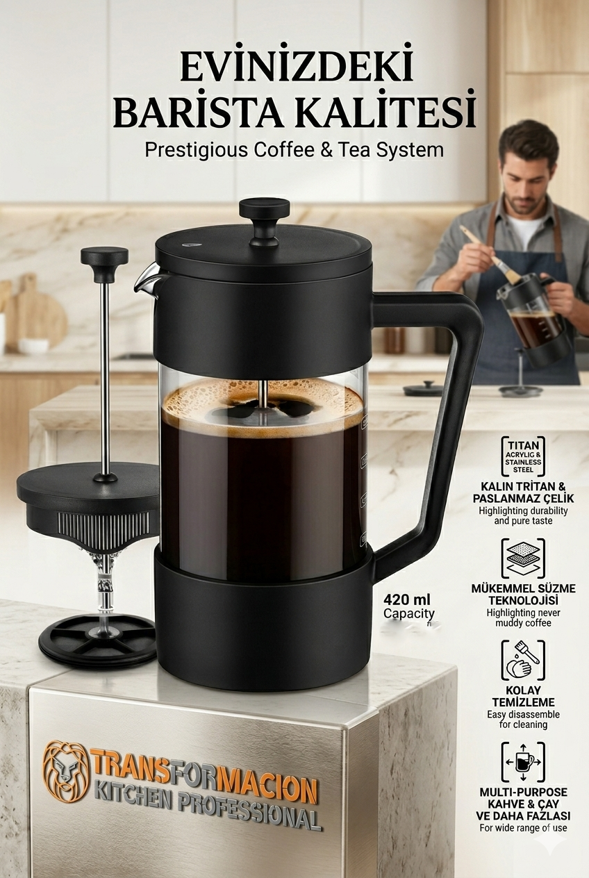 420 ml Tortusuz French Press - Çift Filtreli Kahve Demleme Sanatı   716540