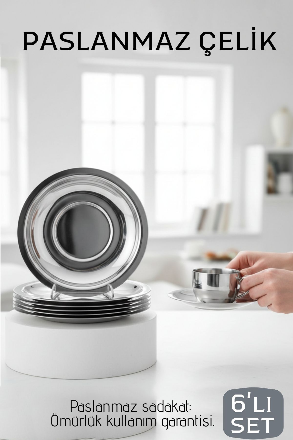 Paslanmaz Çelik Çay Tabağı Seti - Premium 304 Kalite  6 Parça Lüks Aynalı Parlaklık ve Modern Tasarım