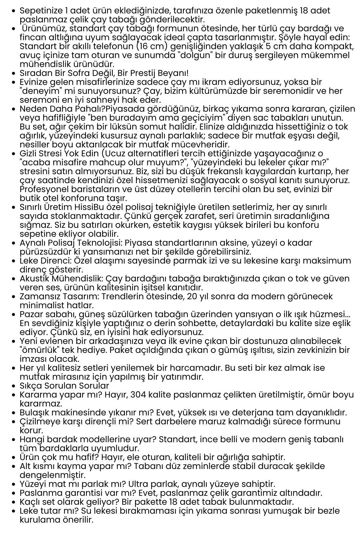 Paslanmaz Çelik Çay Tabağı Seti - Premium 304 Kalite  18 Parça Lüks Aynalı Parlaklık ve Modern Tasarım