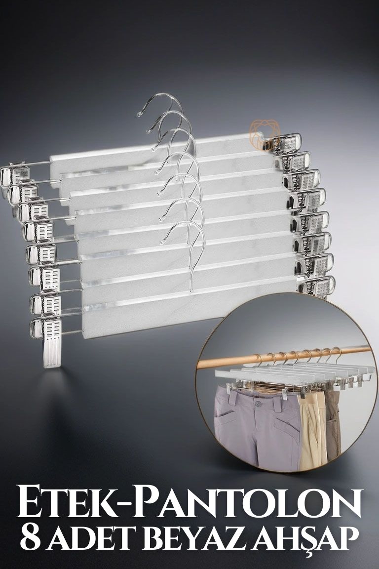 TransForMacion BEYAZ Ahşap Etek Pantolon Eşarp Kıskaçlı Askı 8 Adet 719580