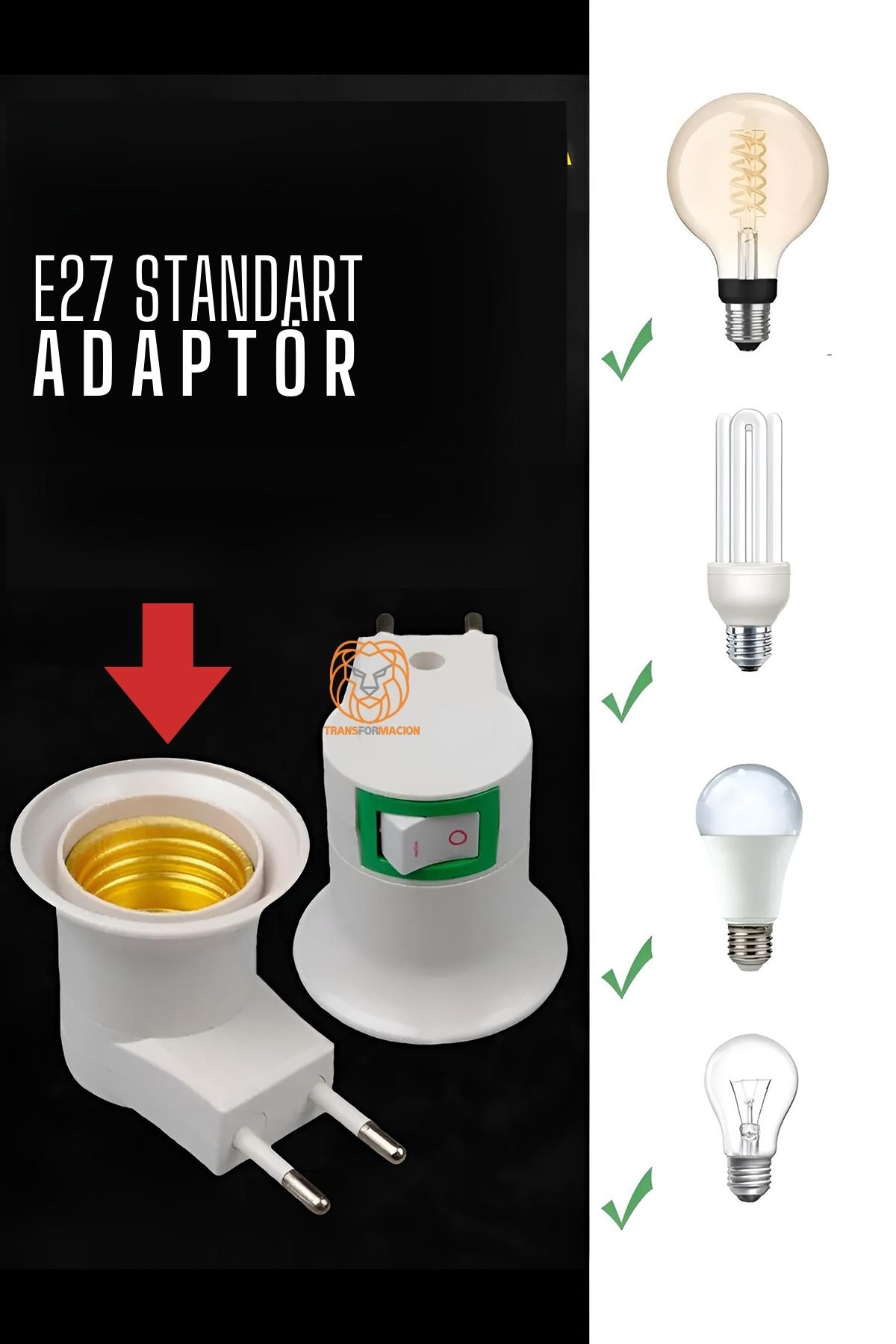 TransForMacion Gece Lamba Ampül Adaptörü Aç/Kapa Anahtarlı E27 Standart Ampul Duyu 720768 