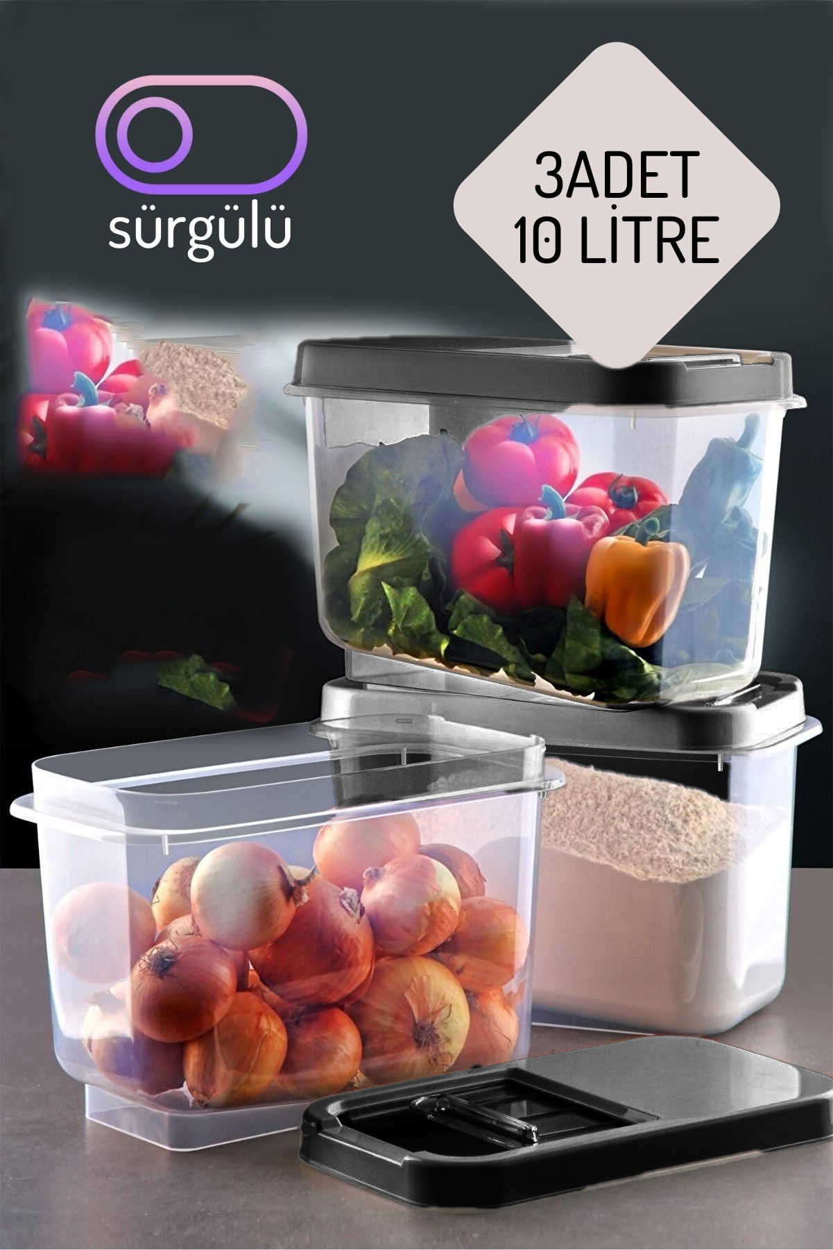 ModaCar Insignia Erzak Bakliyat Saklama Seti 3 ADET 10 LT ANTRASİT 