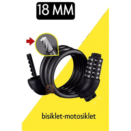 ModaCar Motosiklet Bisiklet Kilidi 18 mm 5 Kademe Şifreli Çelik Halat  