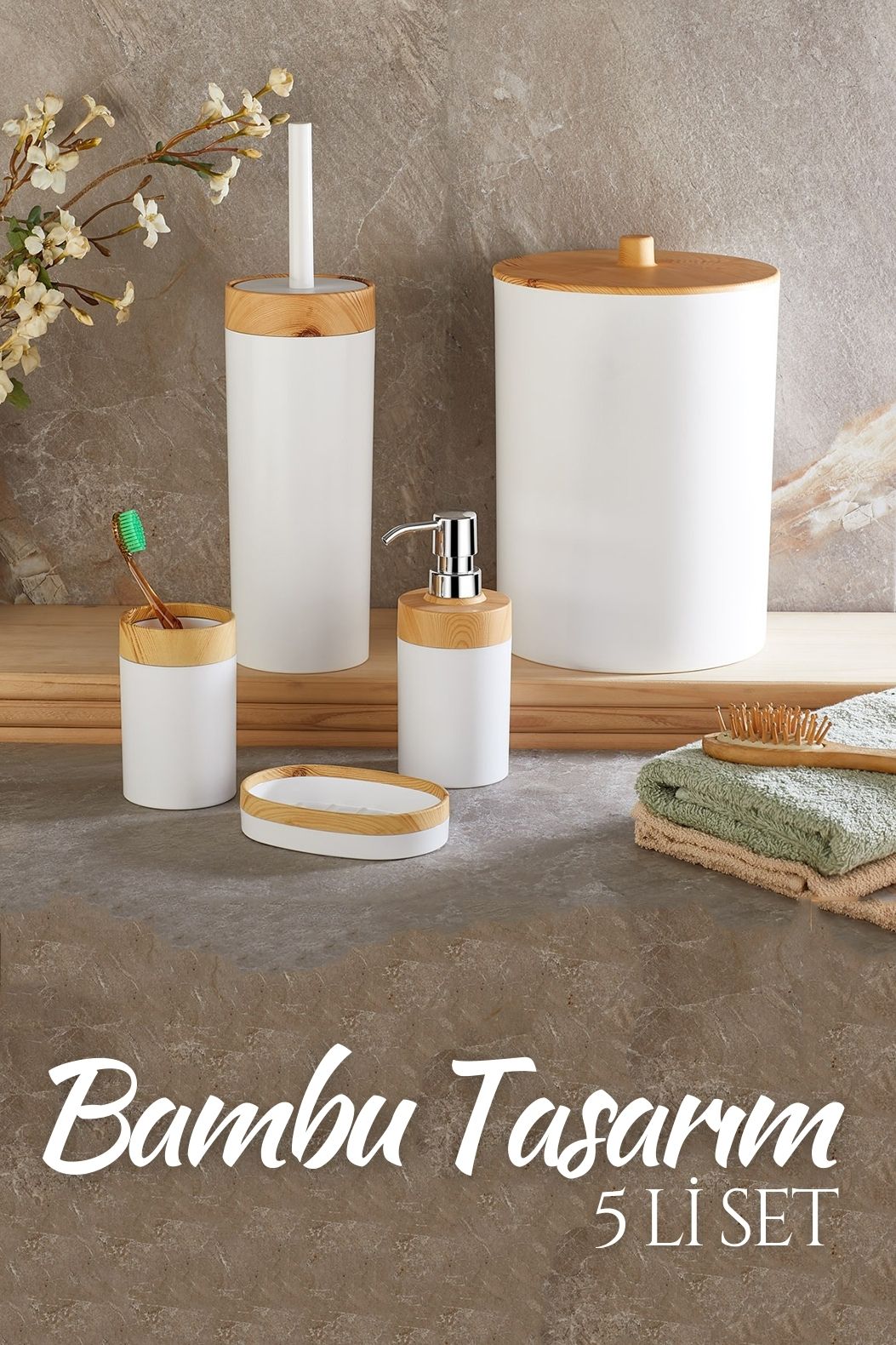 ModaCar 5 li Banyo Seti Bambu Design BEYAZ 