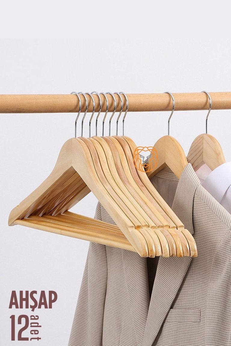 Natural Ahşap Elbise Askısı 12 ADET Montague Design 