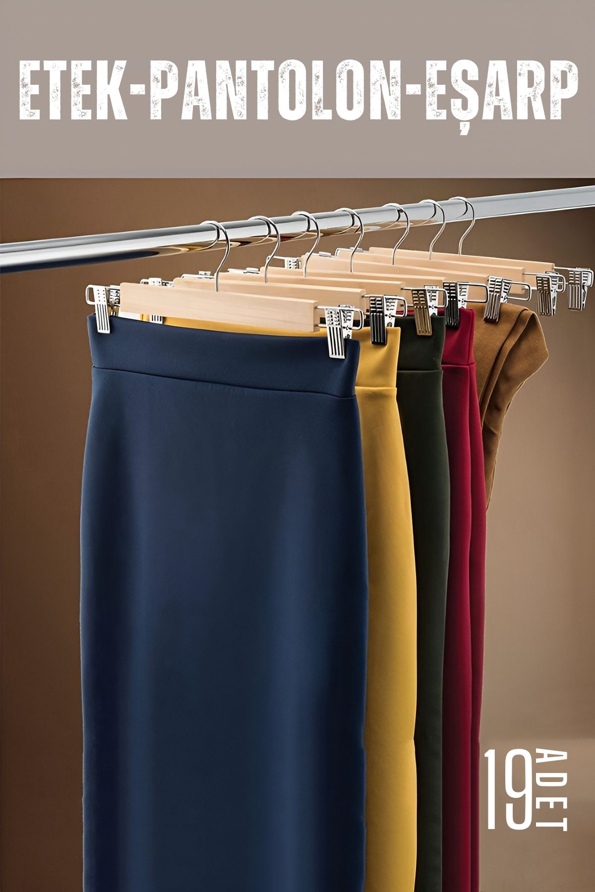 Etek Pantolon Eşarp Kıskaçlı Askı 19 Adet Ahşap 