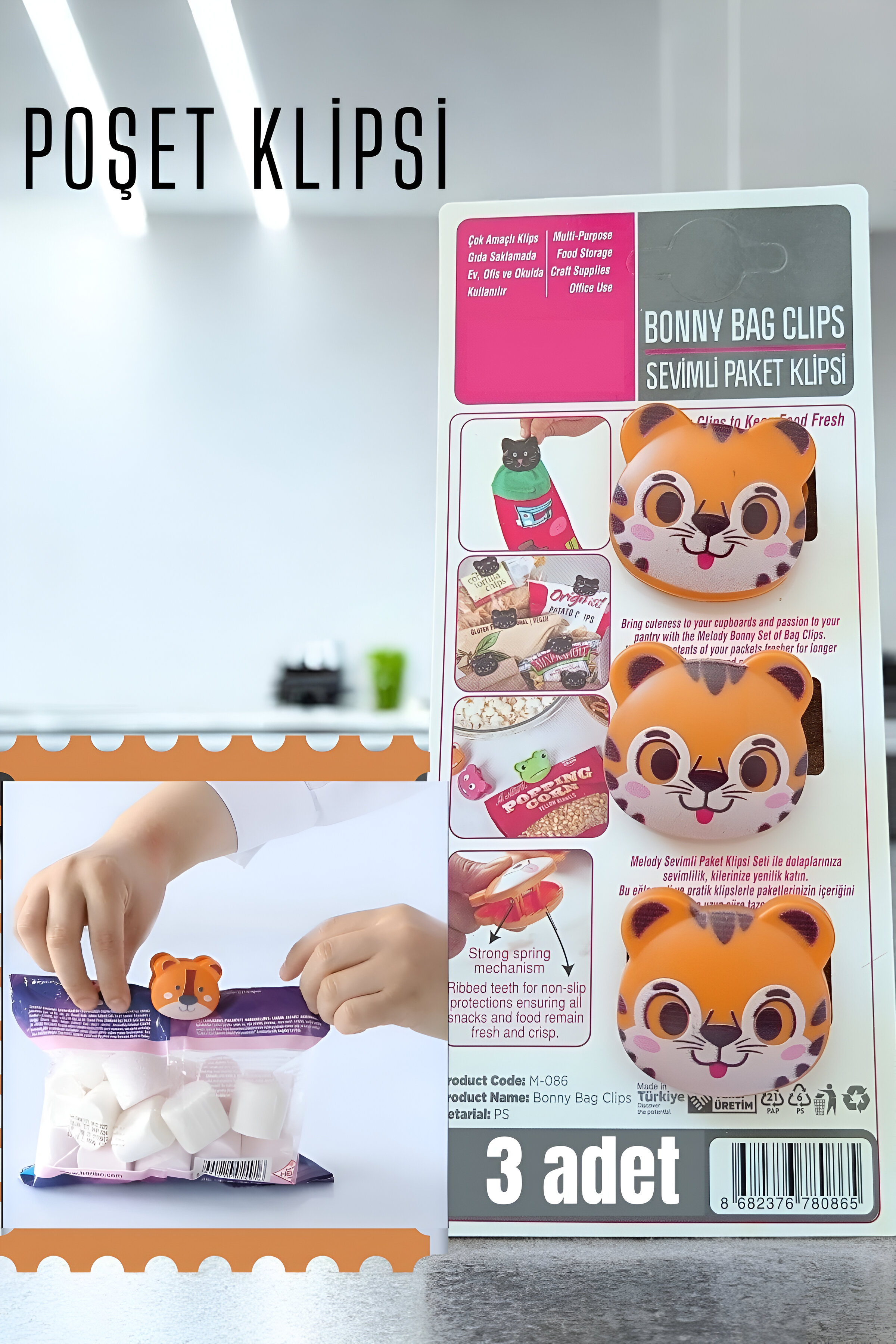 ModaCar Sevimli Poşet Klipsi Kedi 3 Adet Ataç 