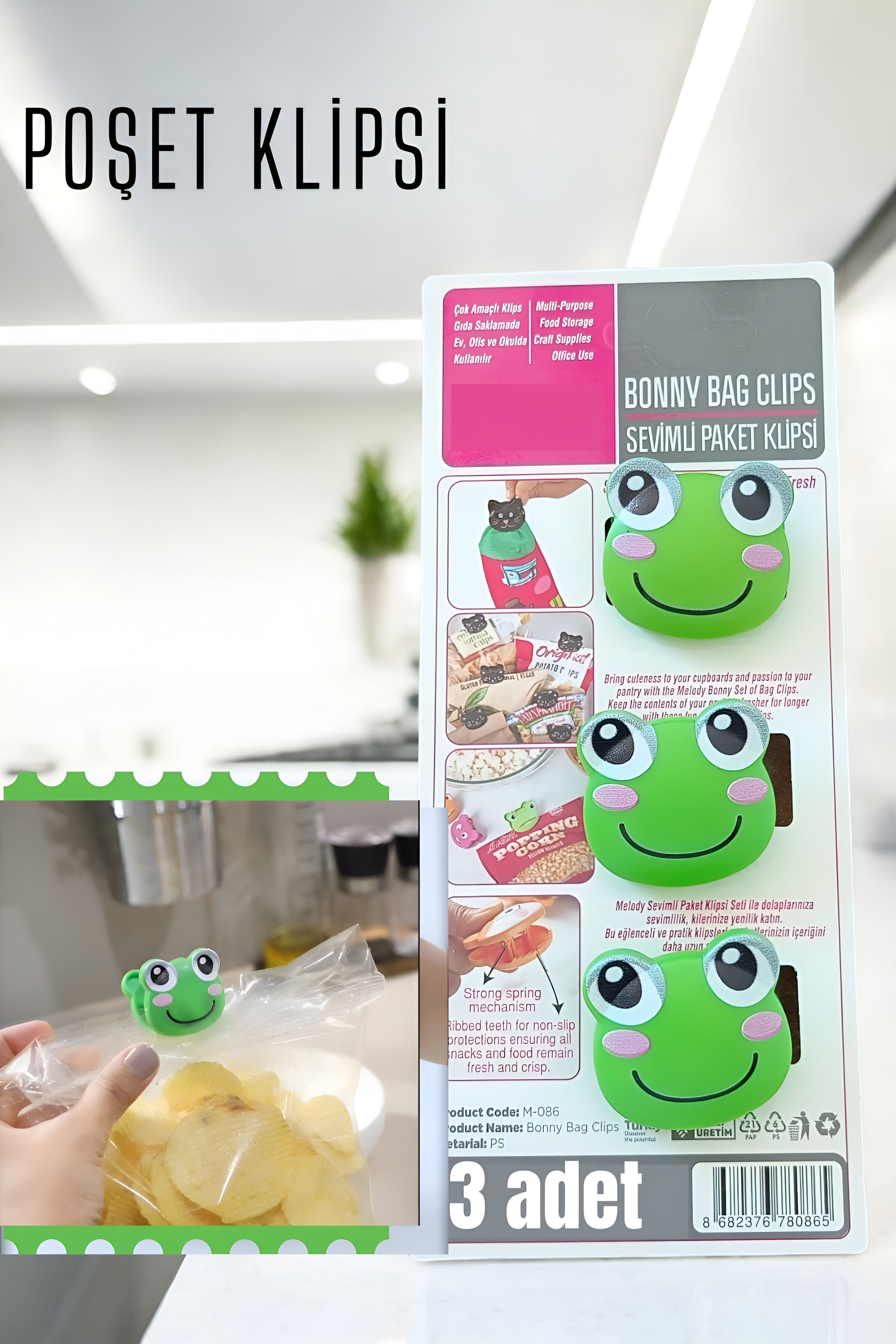 ModaCar Sevimli Poşet Klipsi Kurbağa 3 Adet Ataç 