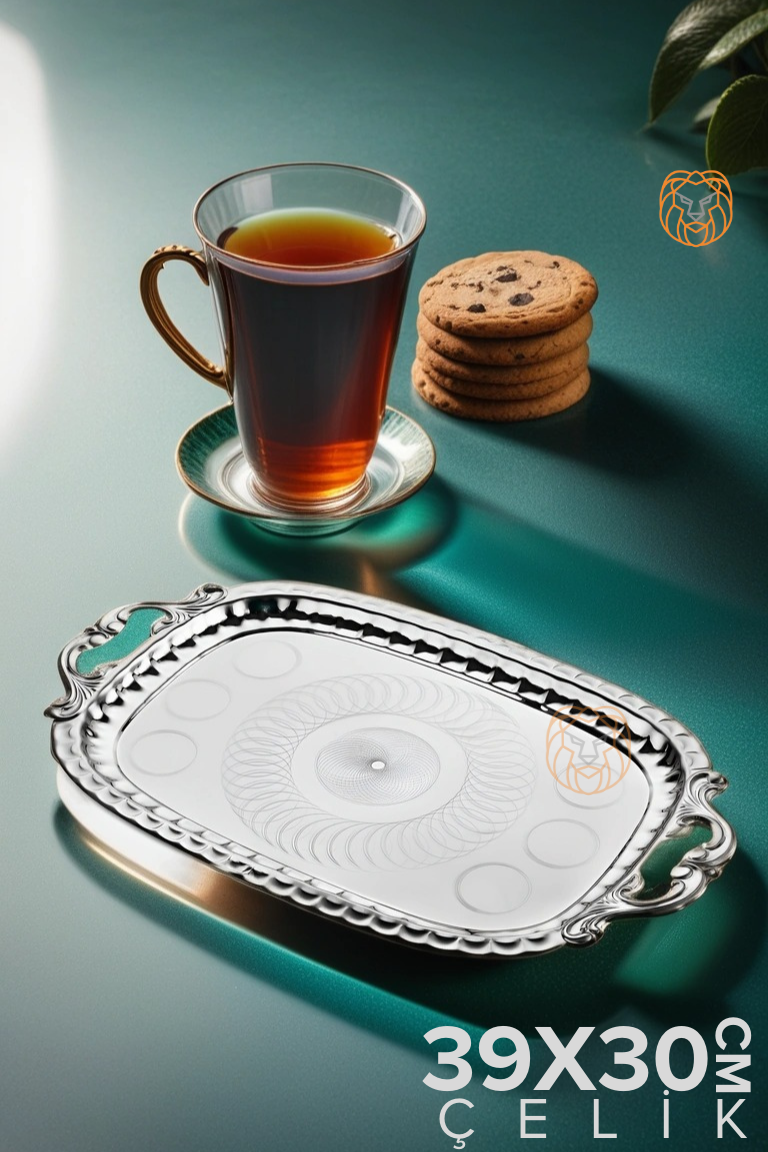 ModaCar Çelik Çay Tepsisi Çiçek Kulplu 