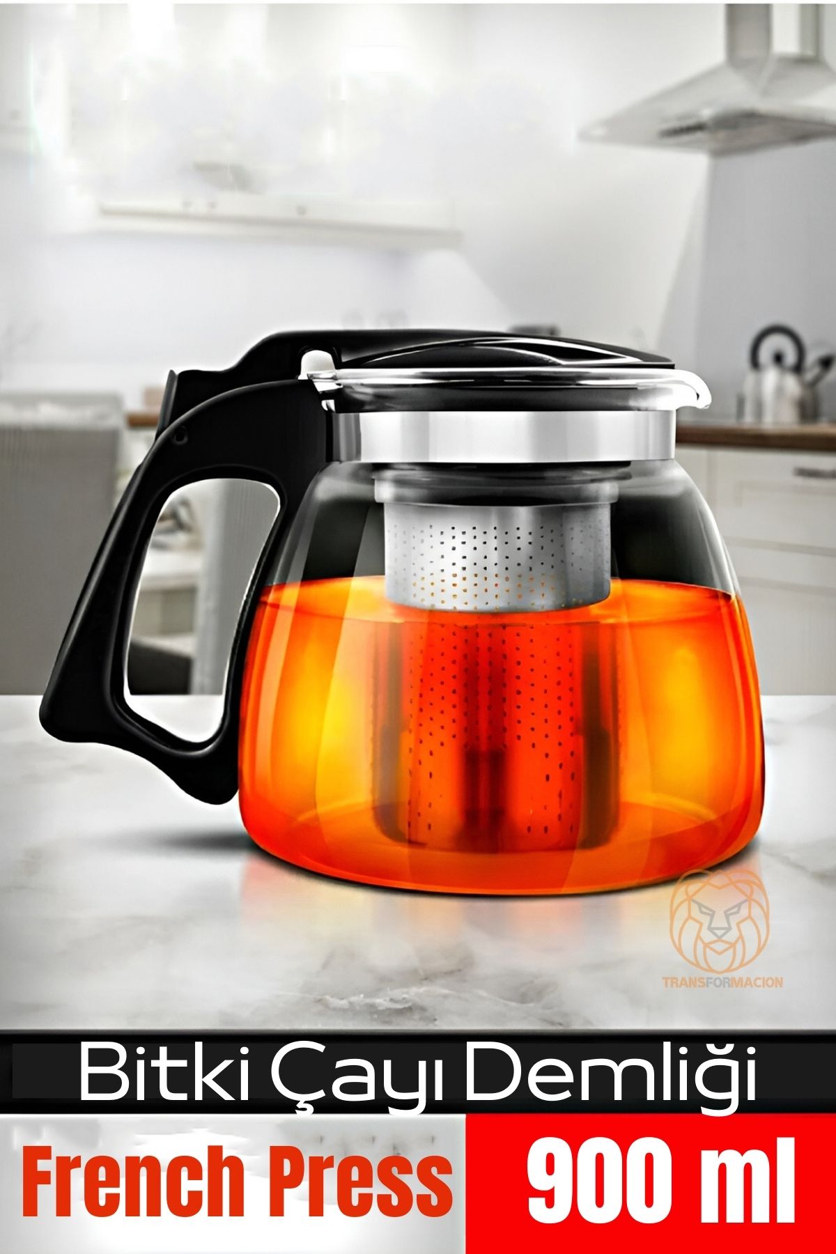 TransForMacion  Süzgeçli French Press Cam Demlik 900 Ml Bitki Çayı Demliği 720944