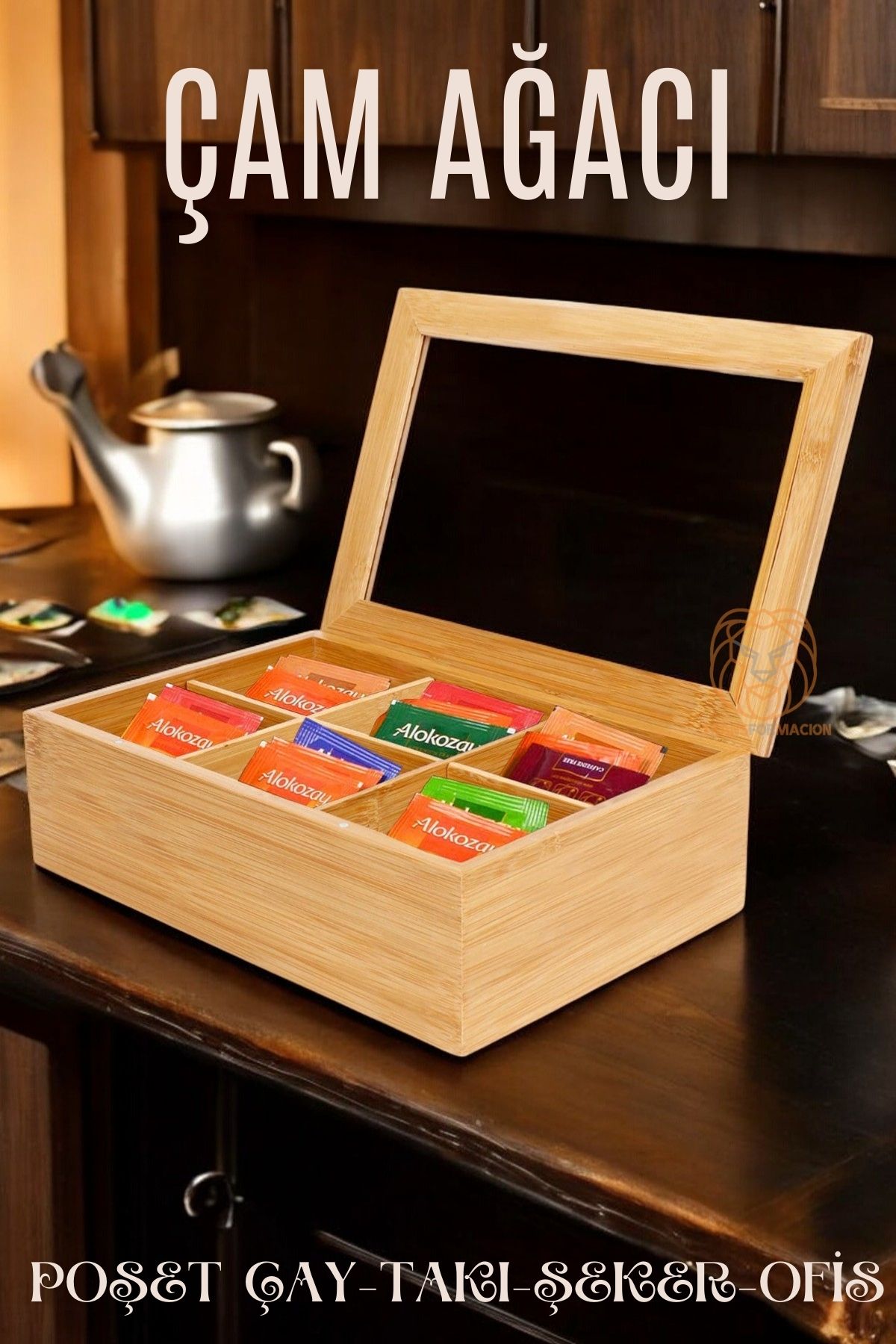 ModaCar Poşet Çay Kutusu Ahşap Sallama Çay Organizer Kahve Şeker Aksesuar Kutusu 