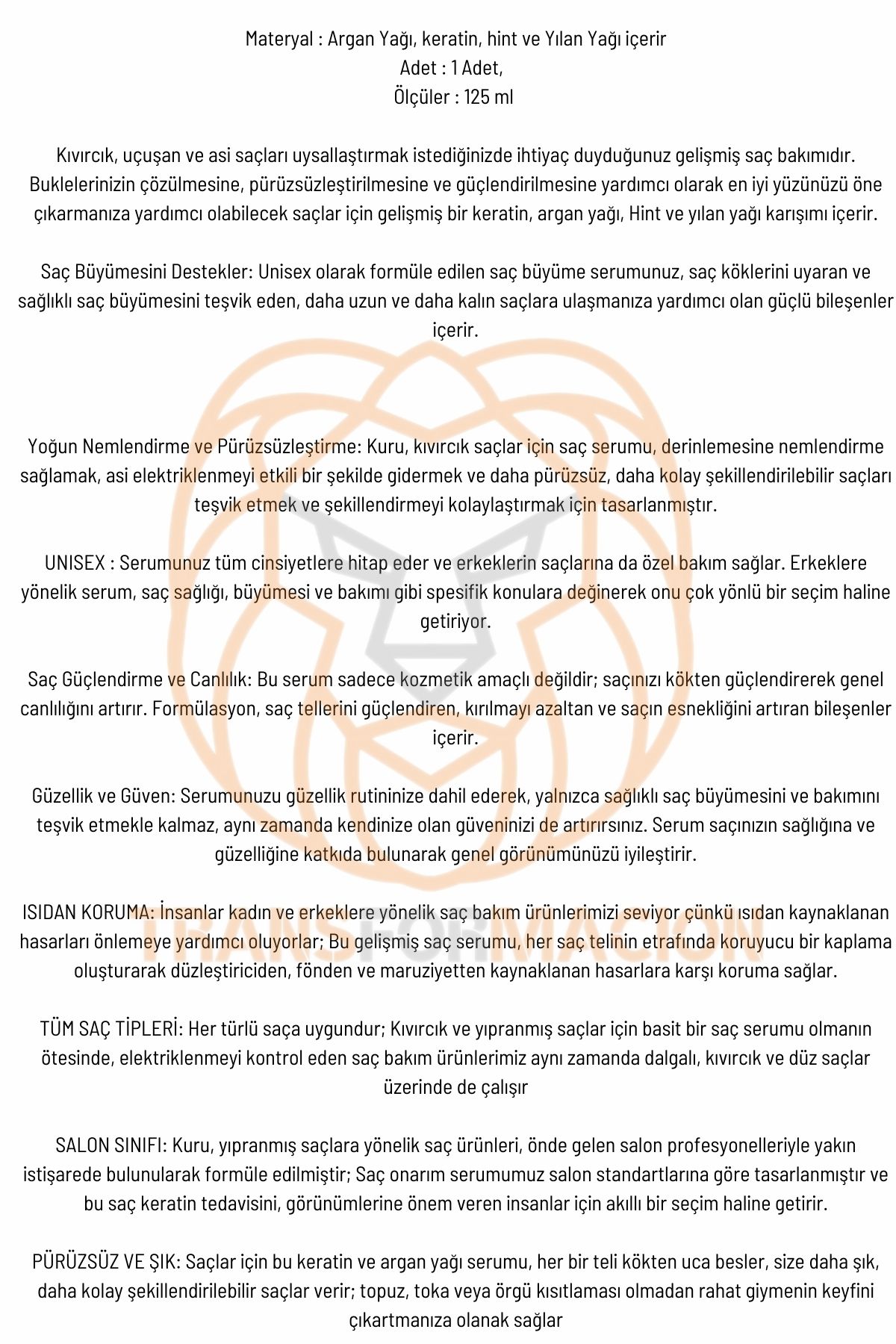 Transformacion Nano Saç Serumu Keratin Argan İçerikli Absolute Professional 125 ml 719152