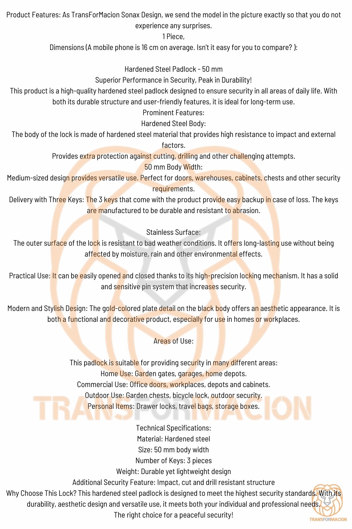 Çelik Asma Kilit 50 MM 3 anahtarlı Sonax Design 721039