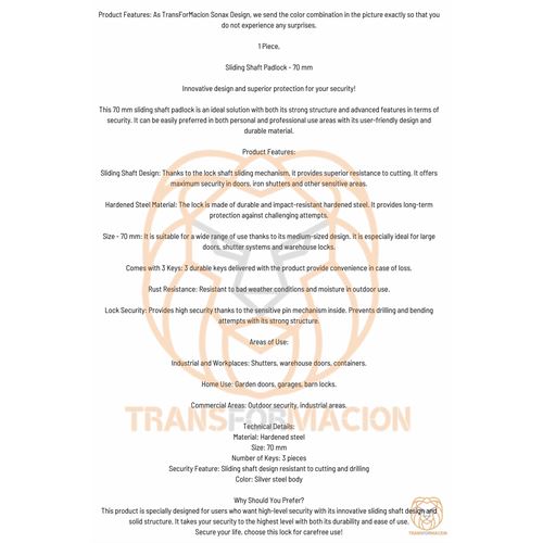 Transformacion Çelik Kayar Milli Asma Kilit 70 MM 3 anahtarlı Sonax Design 721041