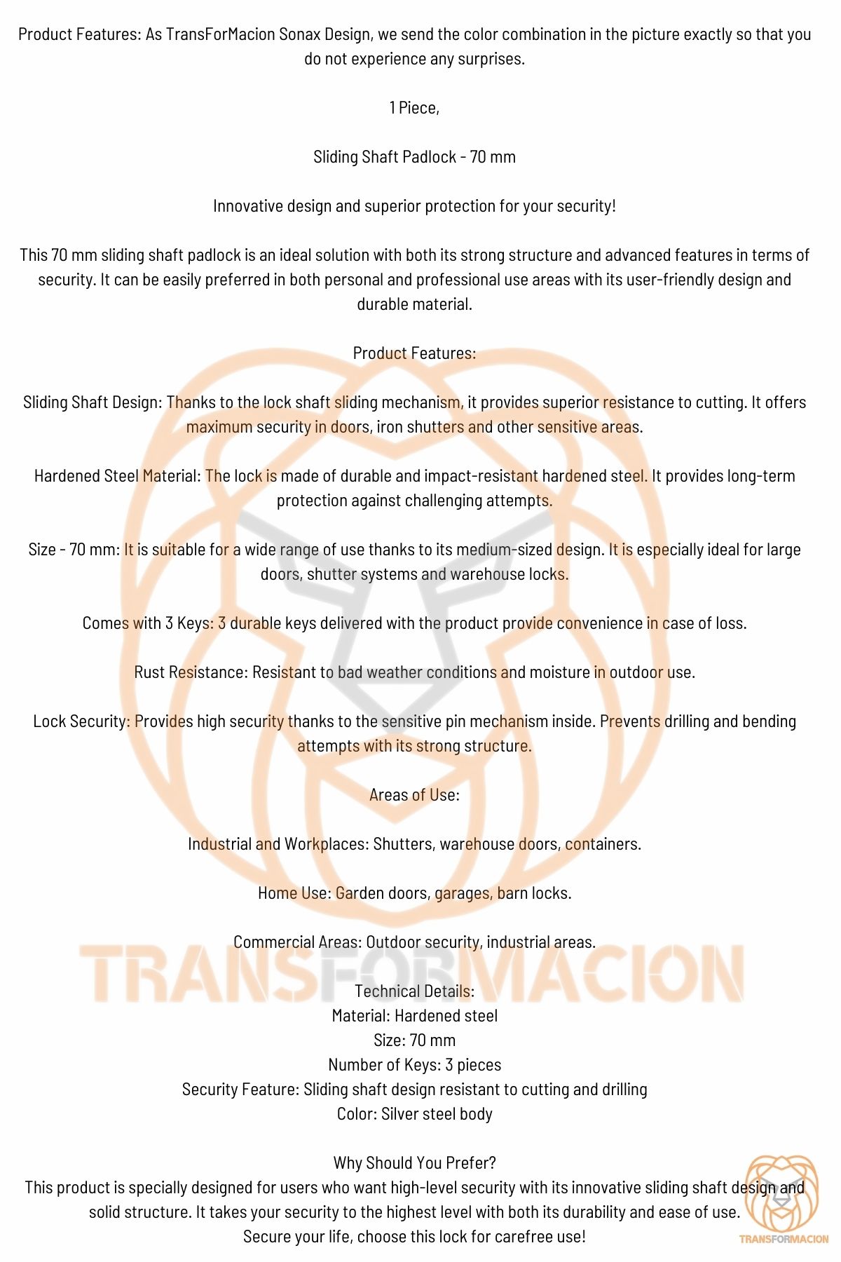 Transformacion Çelik Kayar Milli Asma Kilit 70 MM 3 anahtarlı Sonax Design 721041