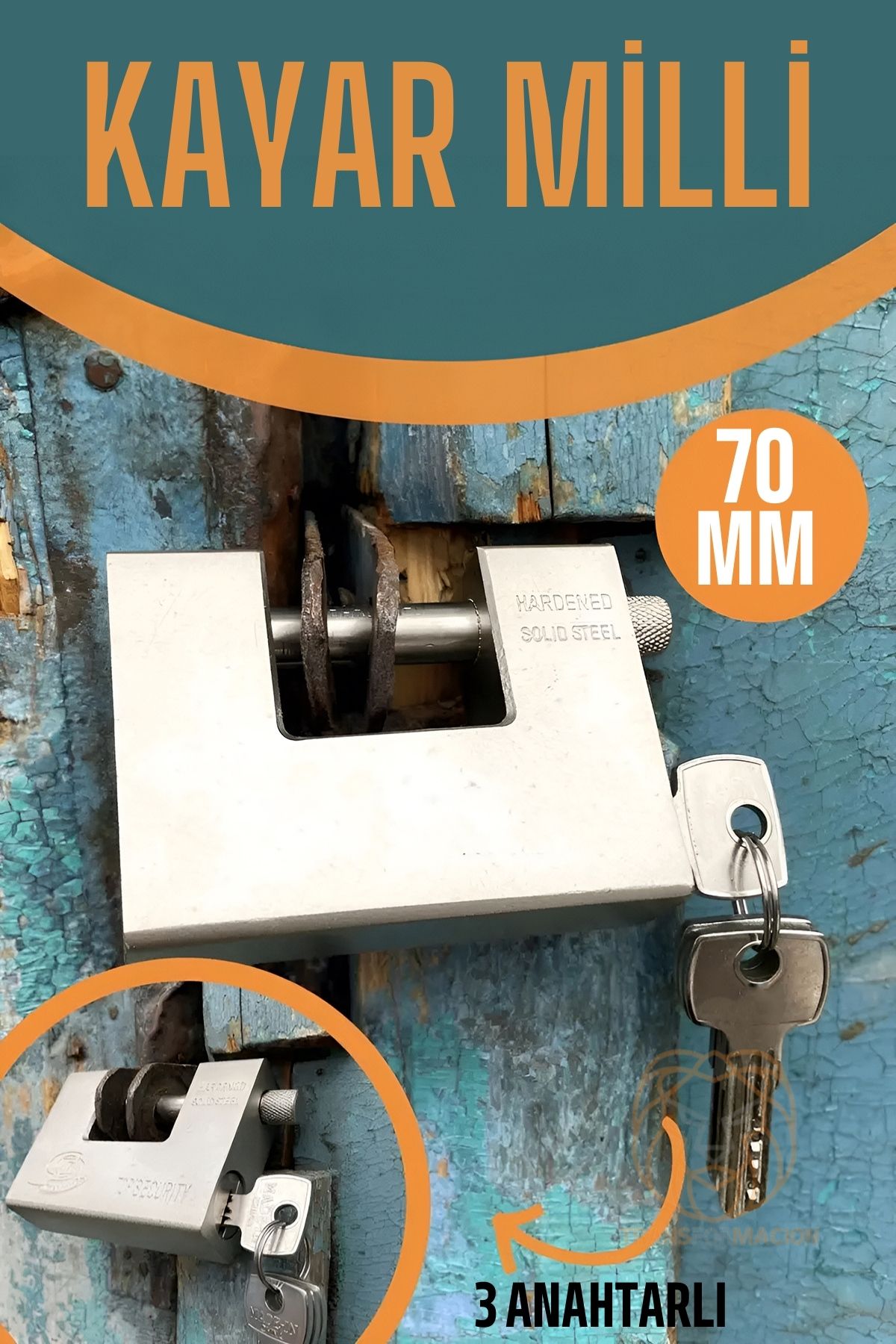 ModaCar Çelik Kayar Milli Asma Kilit 70 MM 3 anahtarlı Sonax Design  