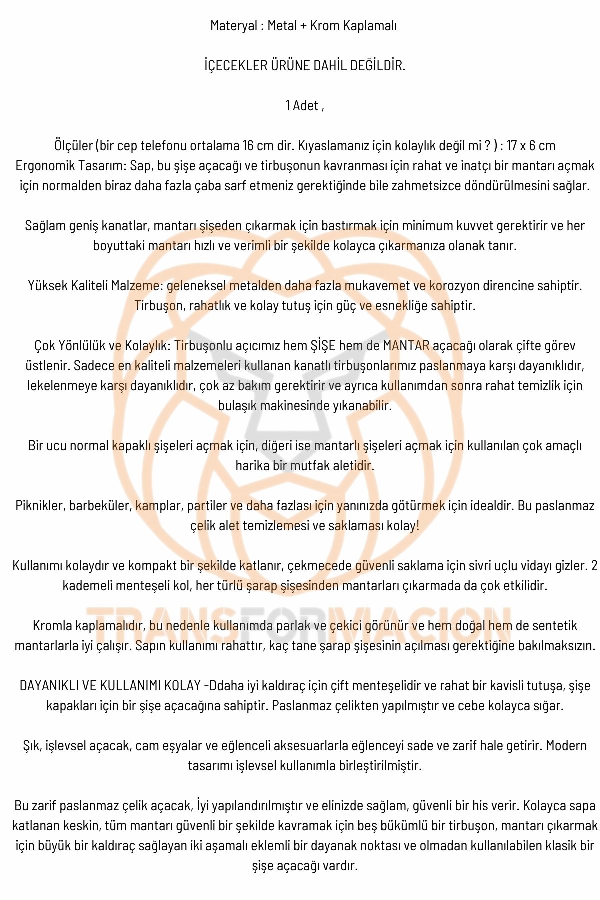 Tirbuşon Basınçlı Pratik Tirbuşon Şarap ve Şişe Açacağı Kolay Kullanım Çelik 721046