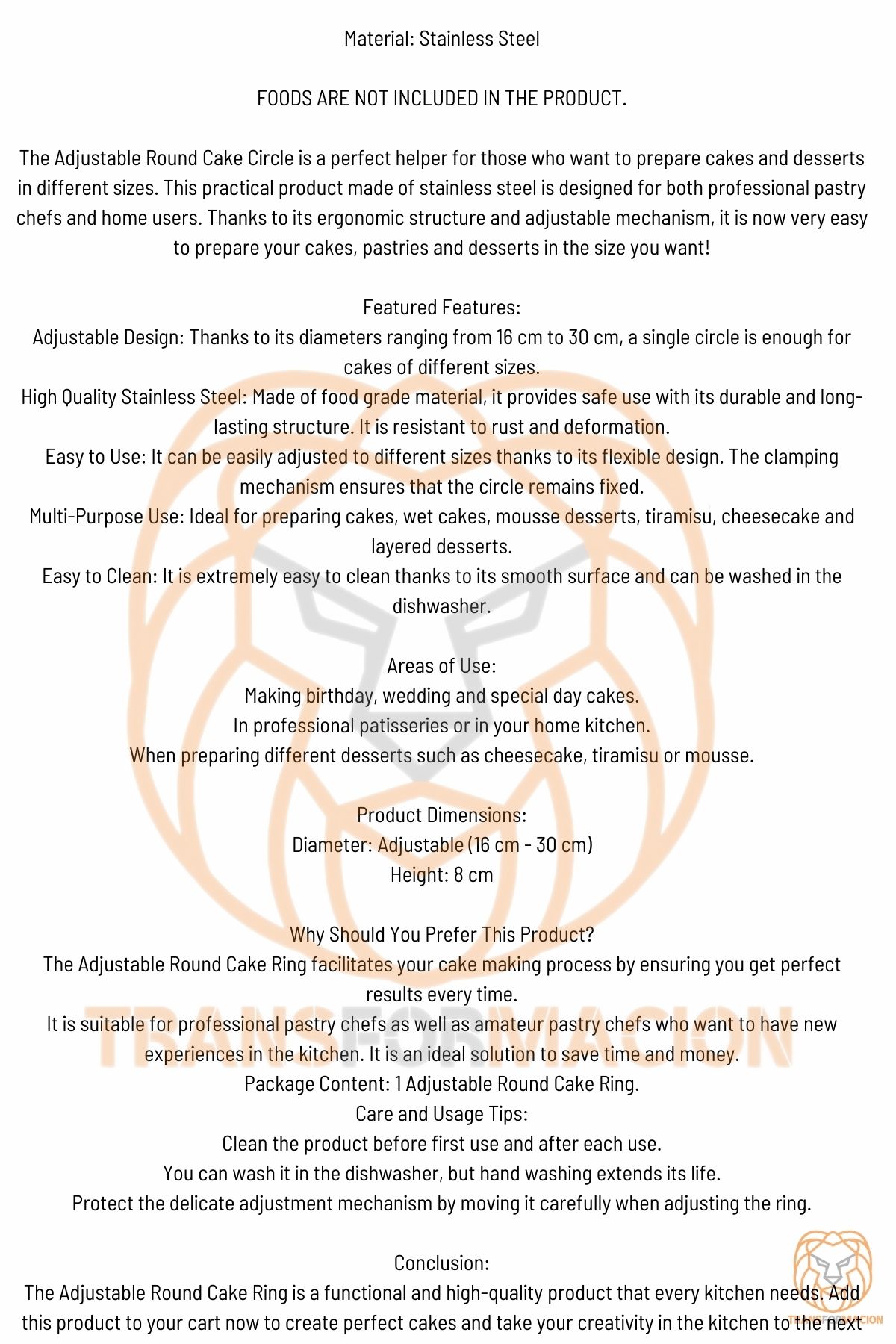 Ayarlanabilir Kek Kalıbı Pasta Kalıbı Çember Kek Kalıbı Paslanmaz Çelik 721073