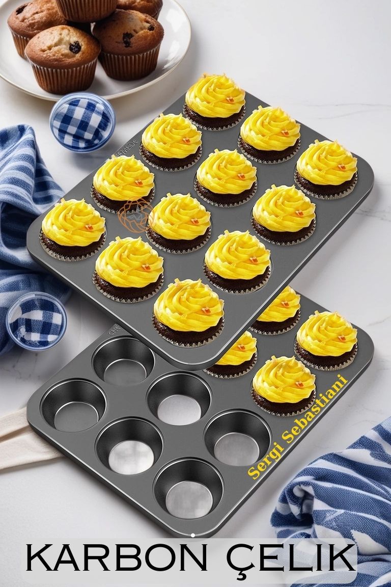 12 li Muffin Kalıbı Teflon Çelik 100 Muffin Kağıtlı 719516