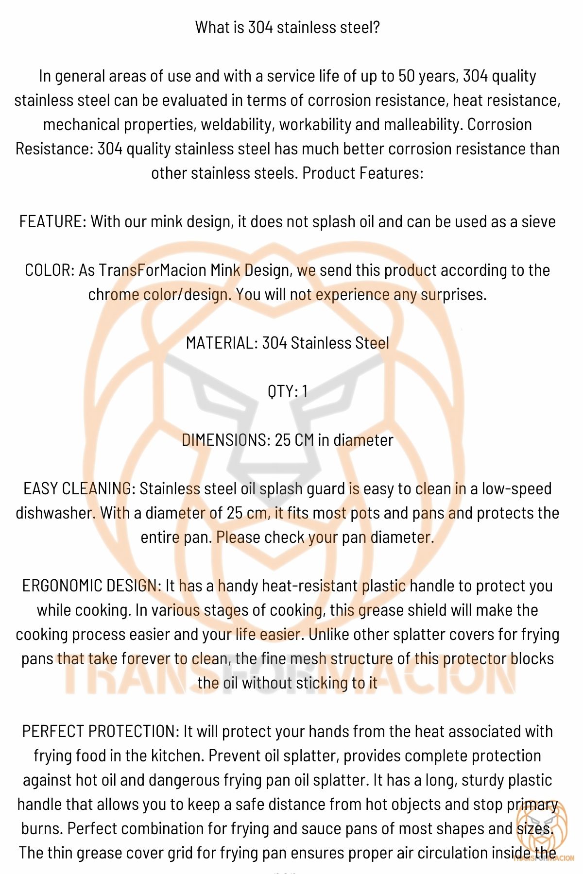 TransForMacion Kızartma Yağ Sıçratmaz 25 CM 304 Paslanmaz Çelik  721076