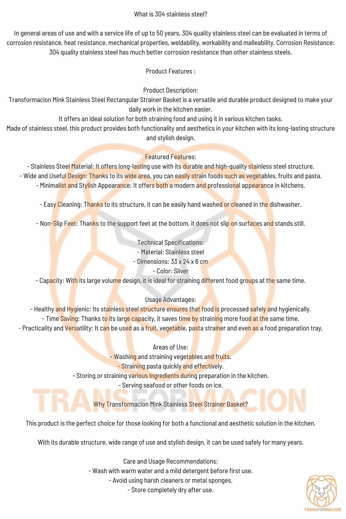 TransForMacion Kevgir Dikdörtgen Süzgeç 304 Paslanmaz Çelik Mink Design 721079