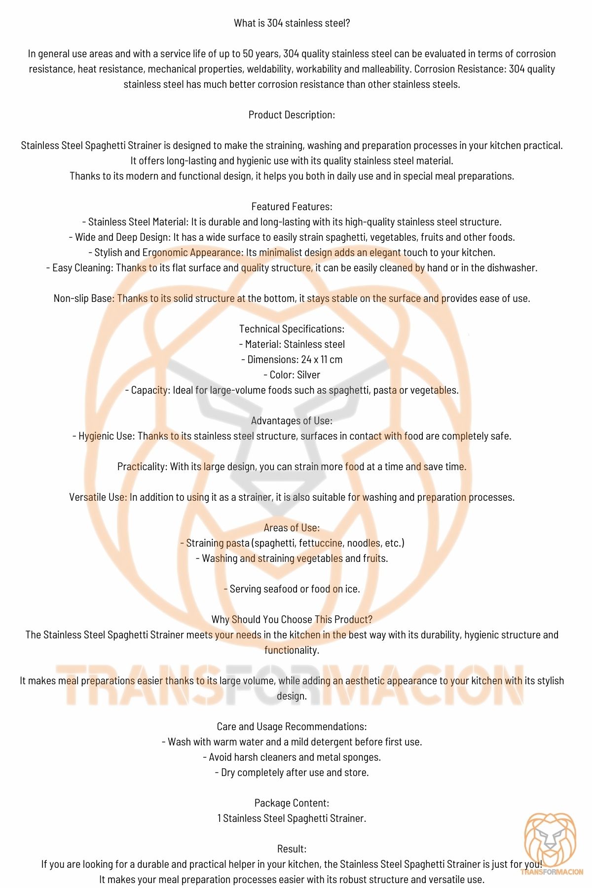 Pirinç Süzgeci Makarna Salata Süzgeci 304 Inox Paslanmaz Çelik  721080