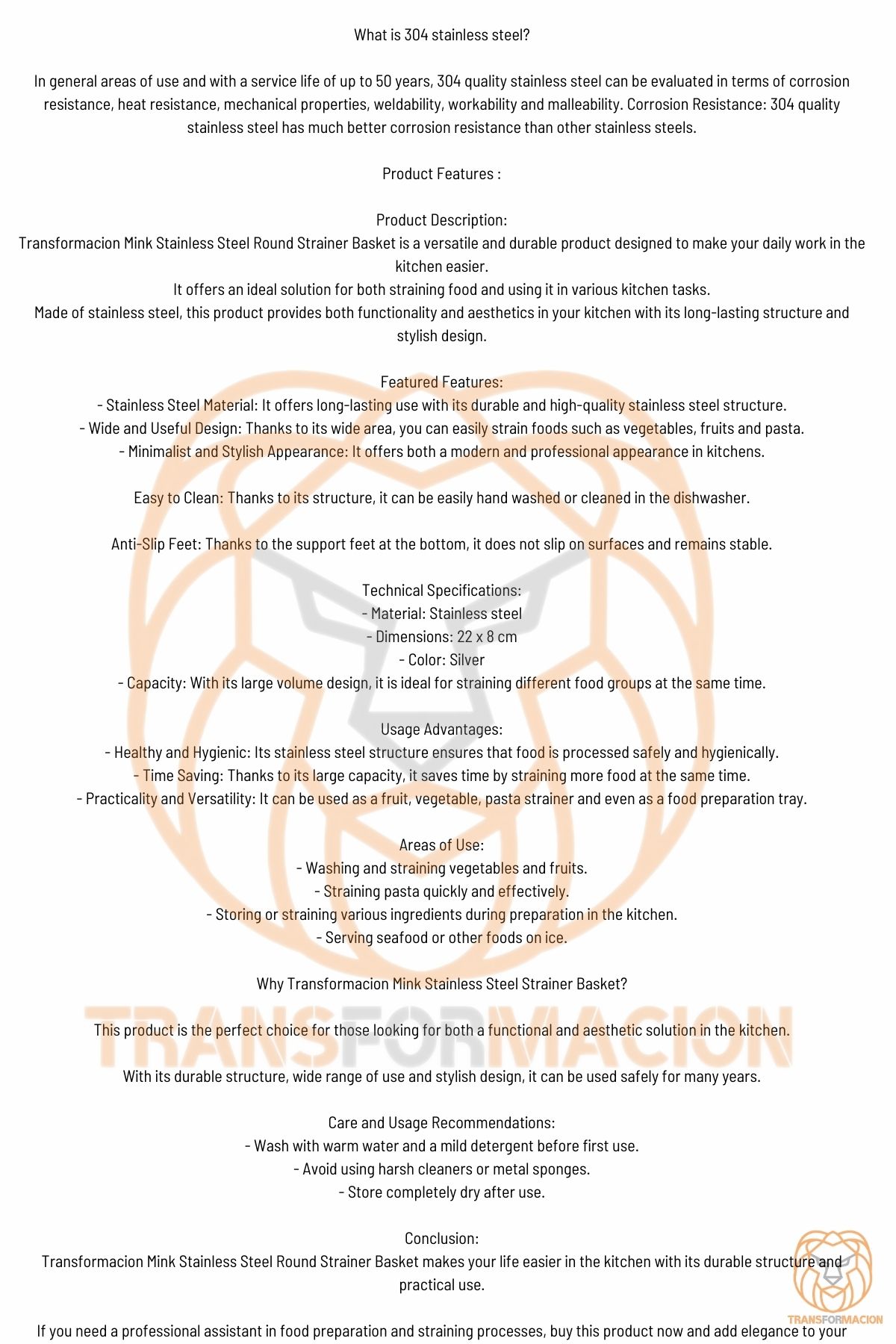 TransForMacion Kevgir Yuvarlak Süzgeç 304 Paslanmaz Çelik Mink Design 721081