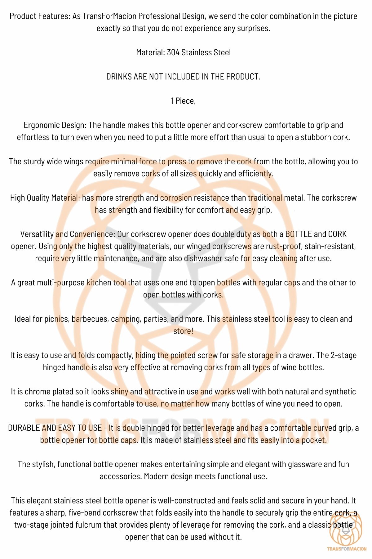 Tirbuşon Şarap Açacağı ve Şişe Açacağı 304 Paslanmaz Çelik 721085