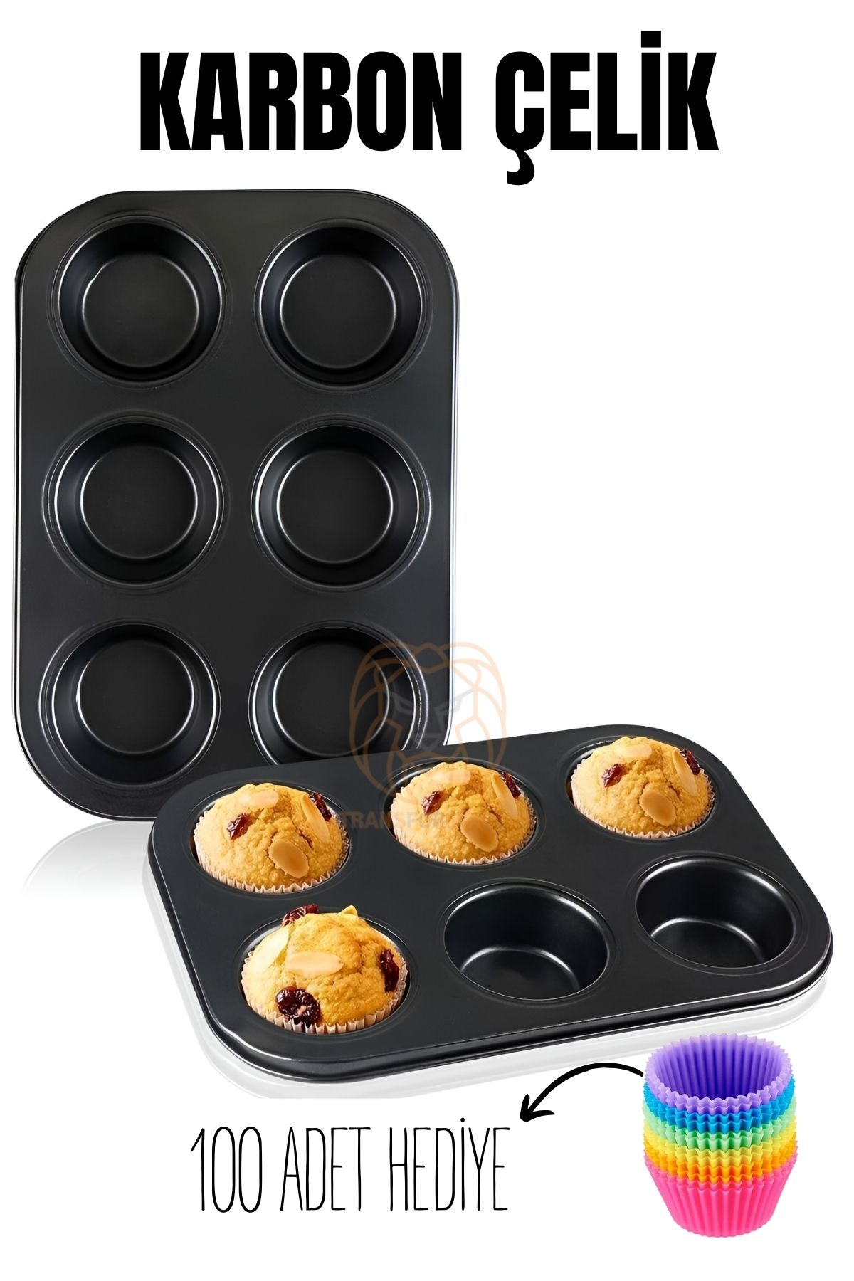 ModaCar 6 lı Muffin Kalıbı Teflon Çelik  100 Muffin Kağıtlı 