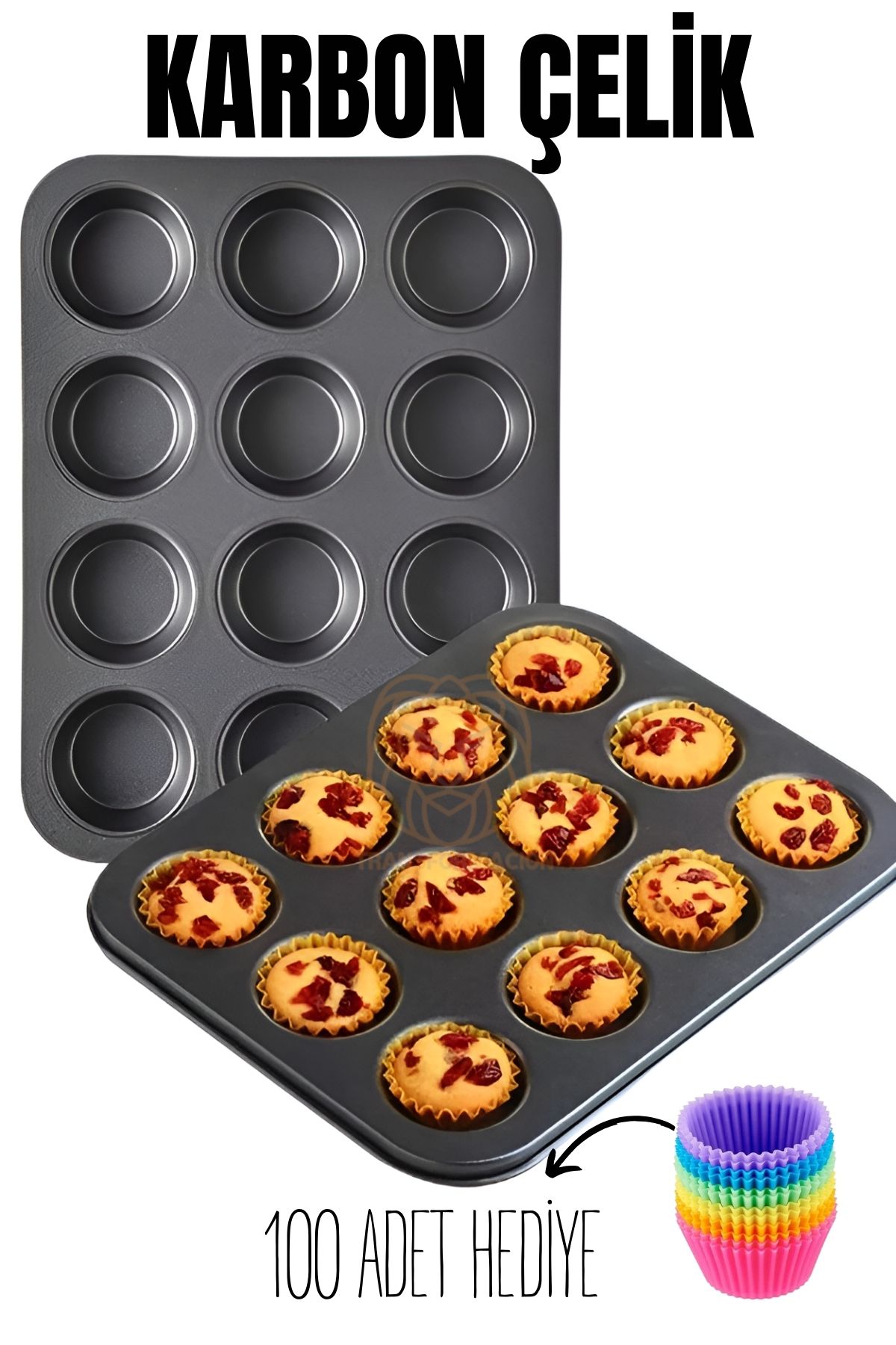 12 li Muffin Kalıbı Teflon Çelik 100 Muffin Kağıtlı