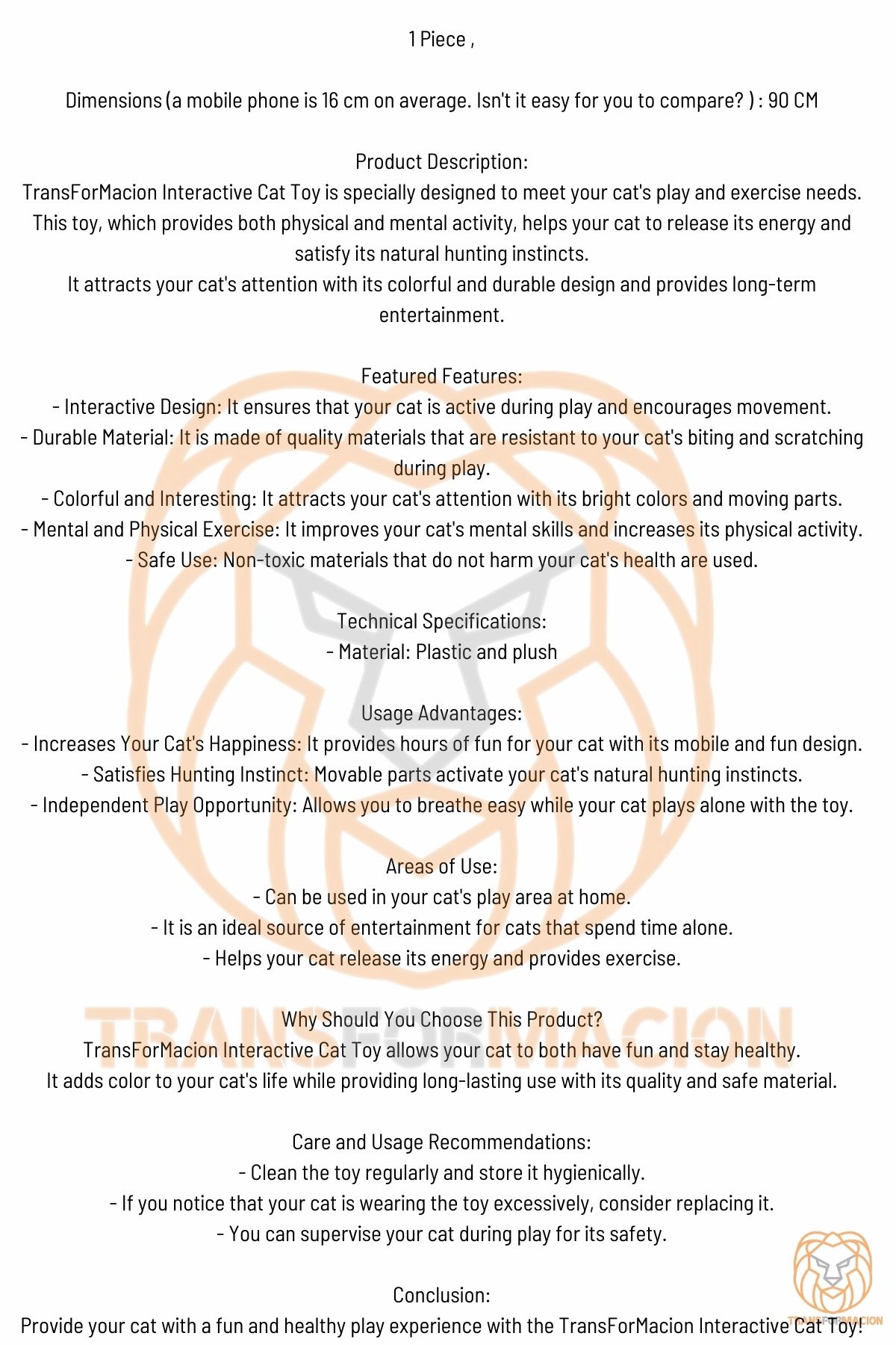 Transformacion Kedi Oyun Oltası 90 Cm 721104