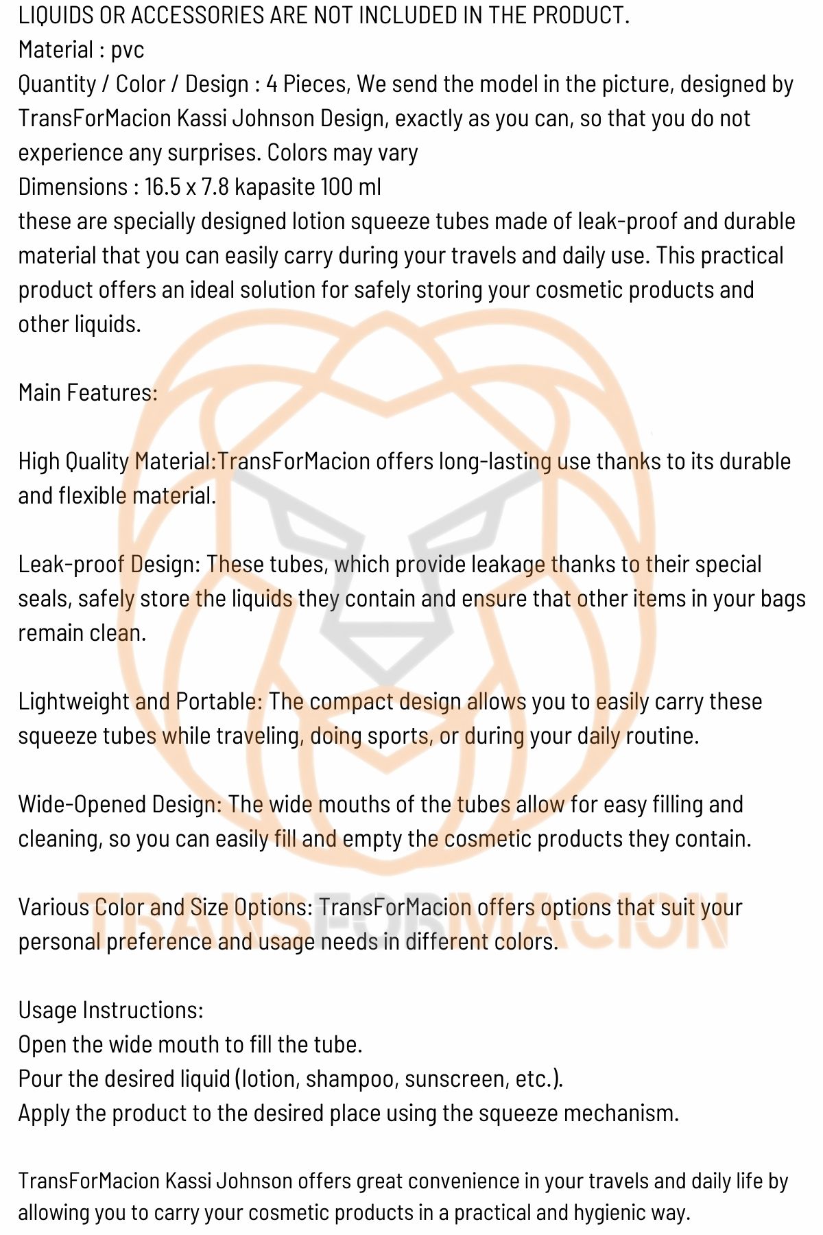 TransForMacion Doldurulabilir Krem Şampuan Kabı Tekrar Kullanılabilir Set 4 ADET 721129