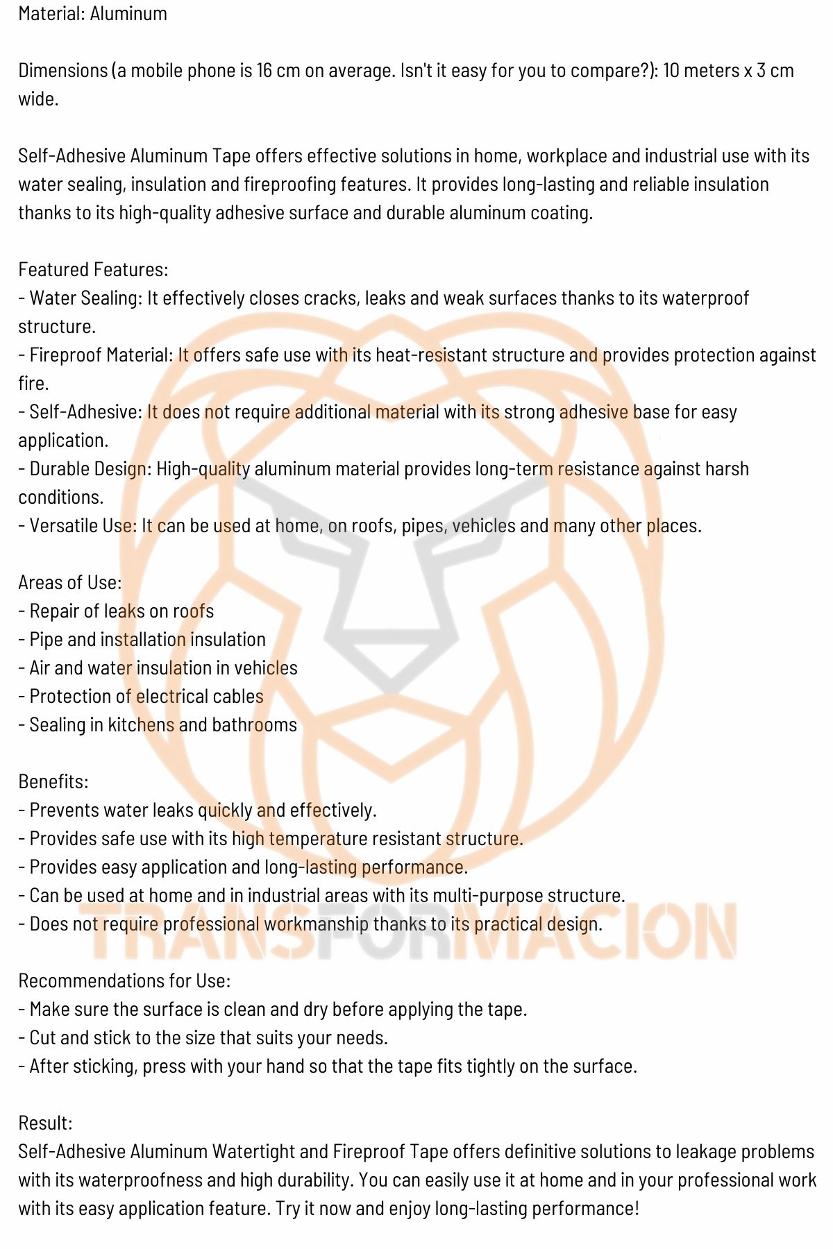 Transformacion Kendinden Yapışkanlı Alüminyum Su Sızdırmaz Yanmaz Bant 10 Metre 721134