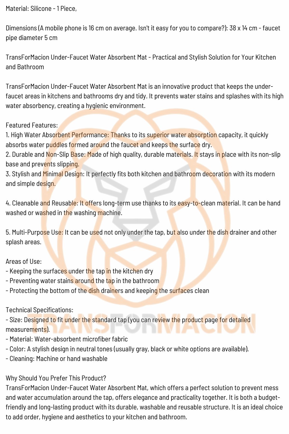 Su Emici Lavabo Matı Hızlı Emen Musluk Matı 721156