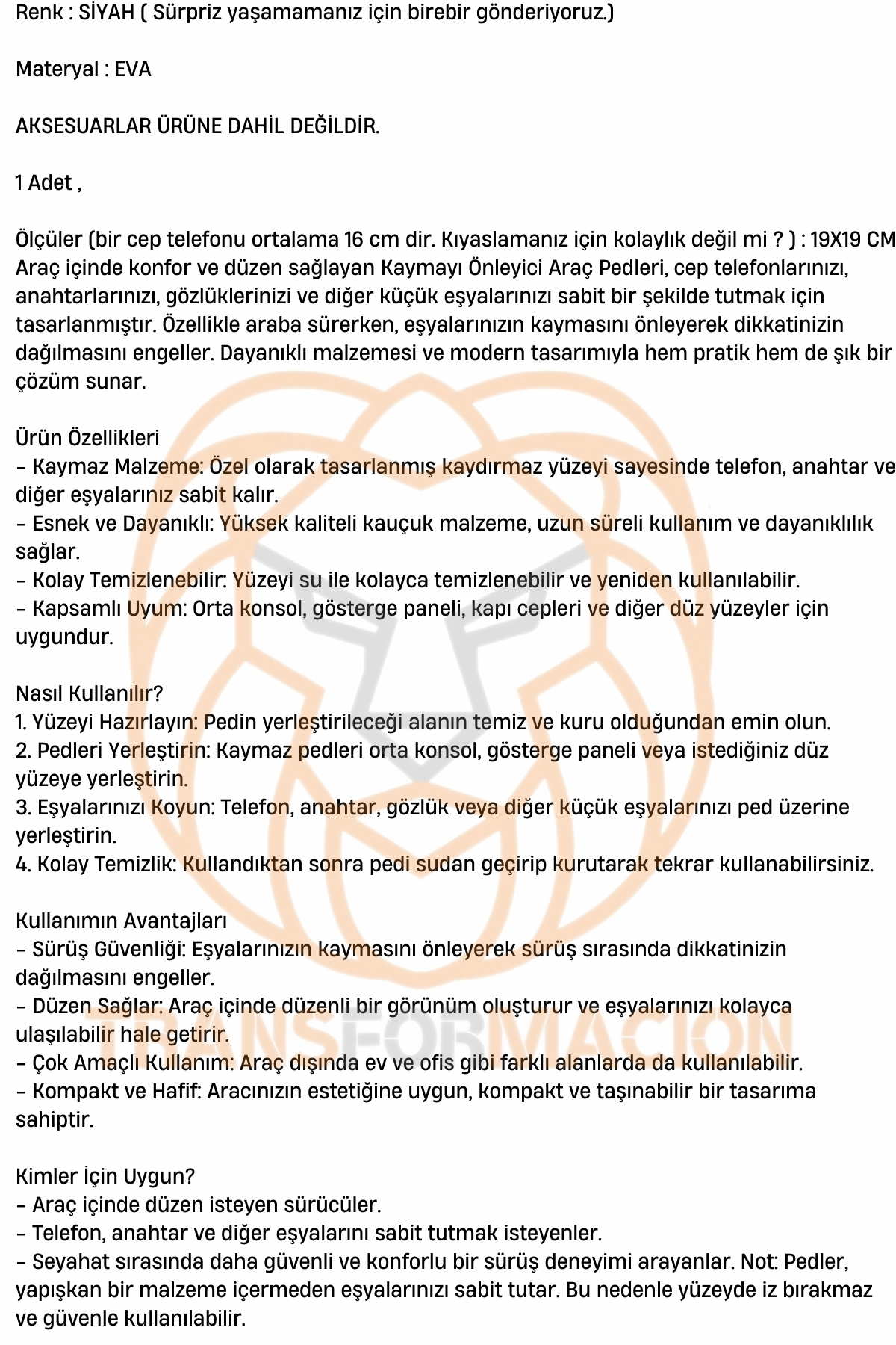 TransForMacion Araç Torpido Üzerine Kaydırmaz Ped 721262