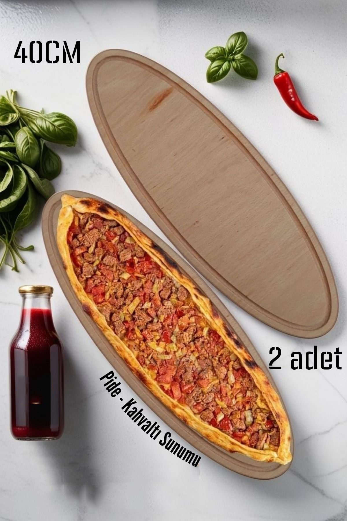 Ahşap Pide Sunum ve Kesim Tahtası 2 adet 40 Cm 721286