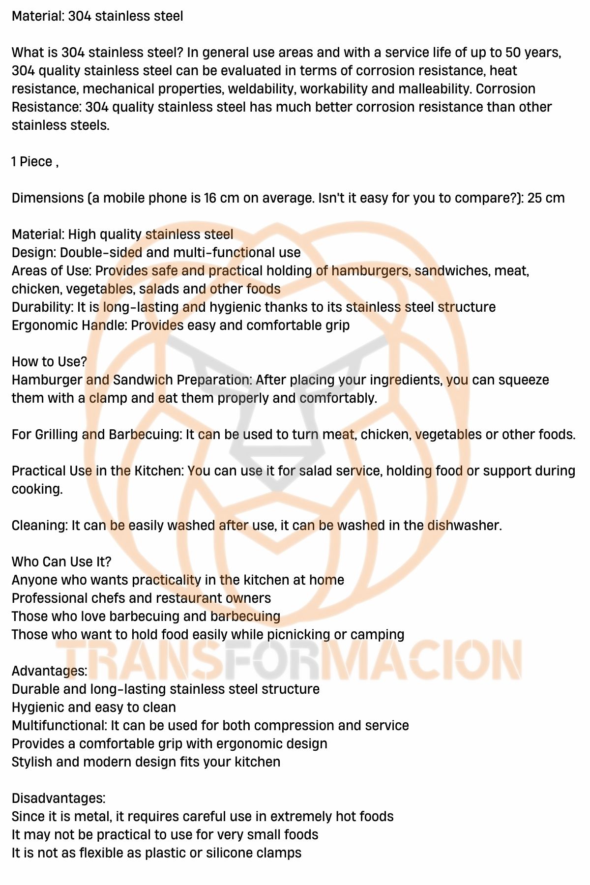 Spatulalı Maşa Biftek Balık Maşası 304 Paslanmaz Çelik 721299