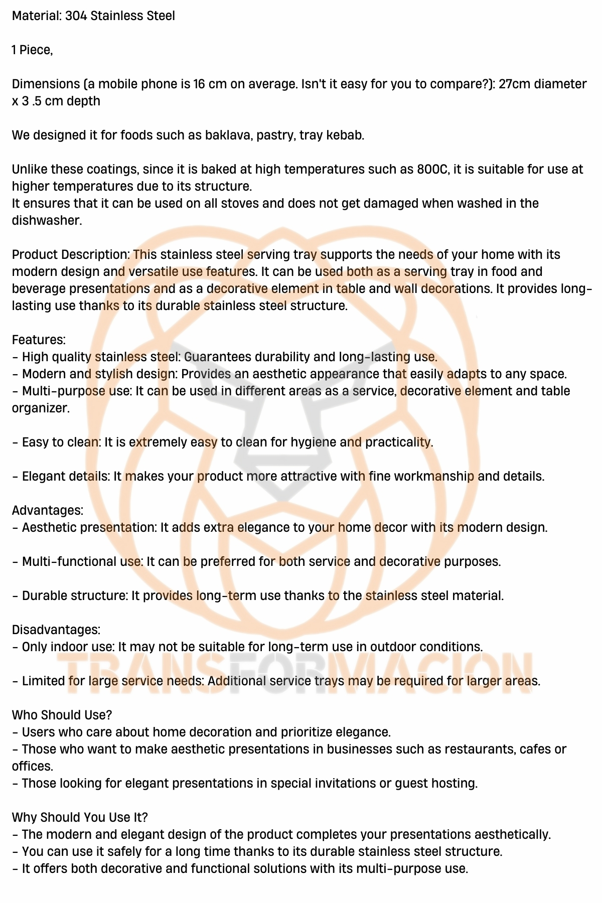 TransForMacion Çelik Fırın Tepsisi 27 cm 304 Paslanmaz Çelik 721312