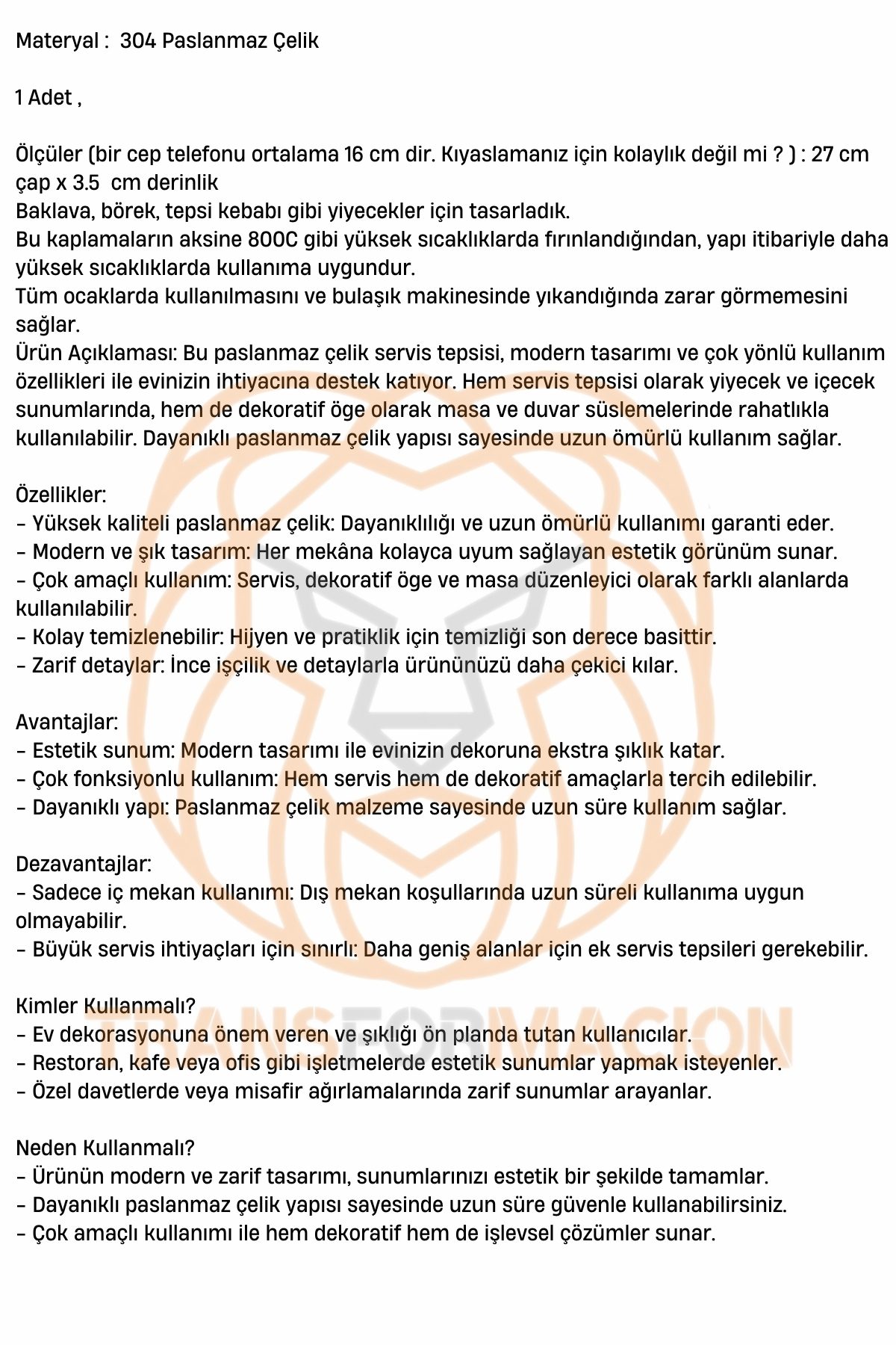 TransForMacion Çelik Fırın Tepsisi 27 cm 304 Paslanmaz Çelik 721312