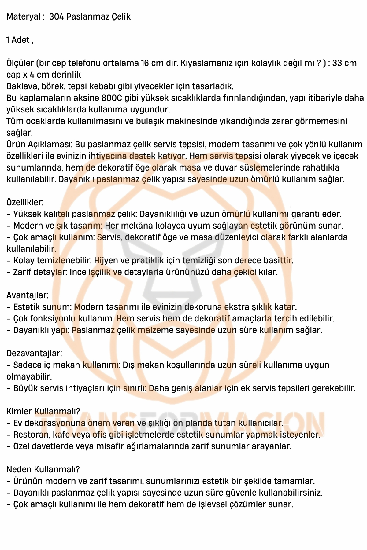 Çelik Fırın Tepsisi 33 cm 304 Paslanmaz Çelik 721313