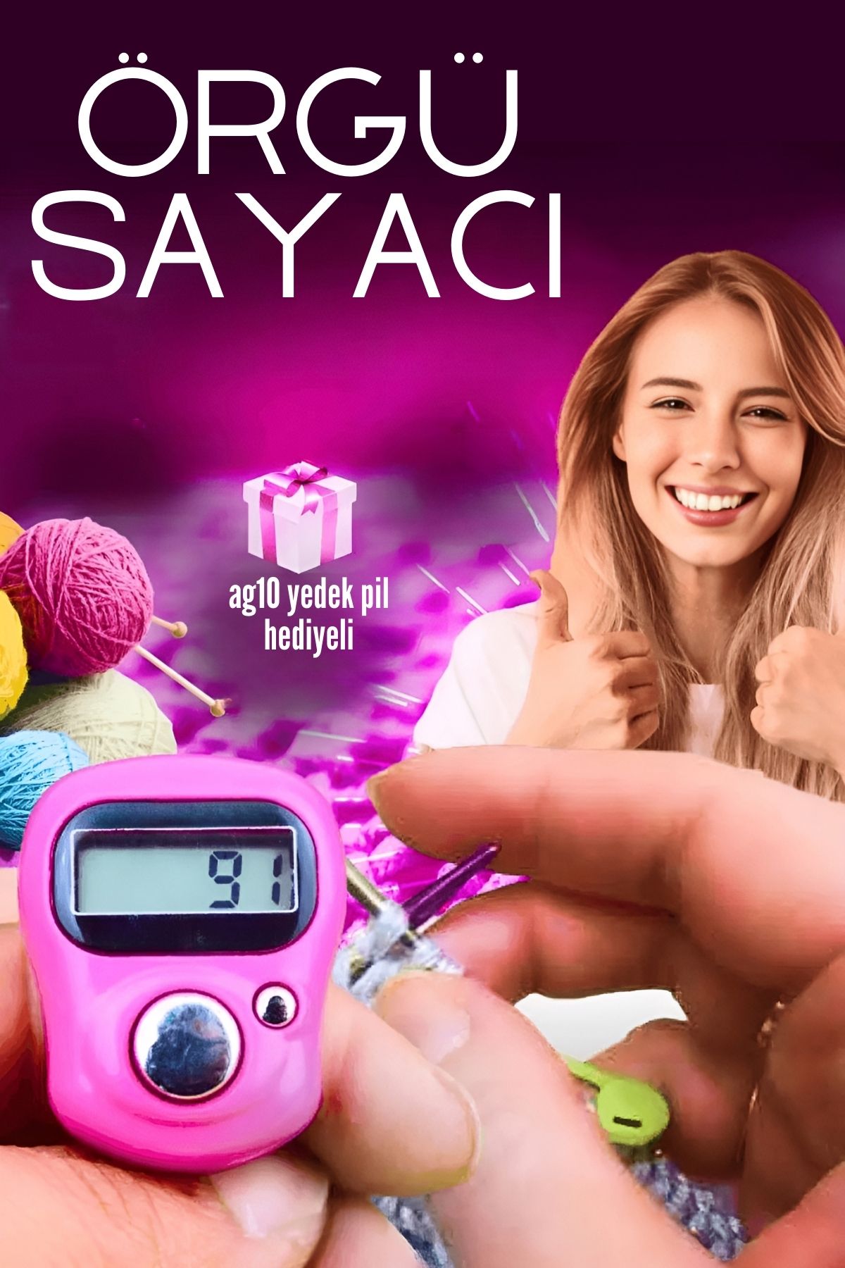 ModaCar Örgü Sayacı Dijital Parmak Sayacı 1 Adet YEDEK PİLLİ  