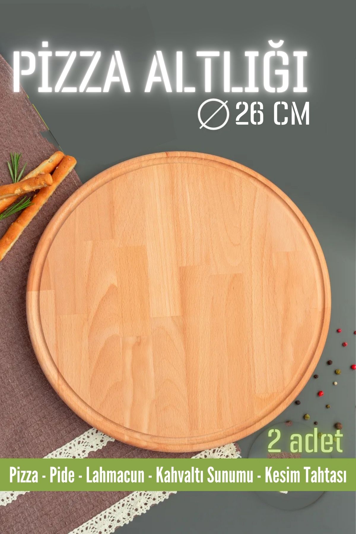 ModaCar Ahşap Pizza Lahmacun Pide Sunum ve Kesim Tahtası 26 cm 2 ADET