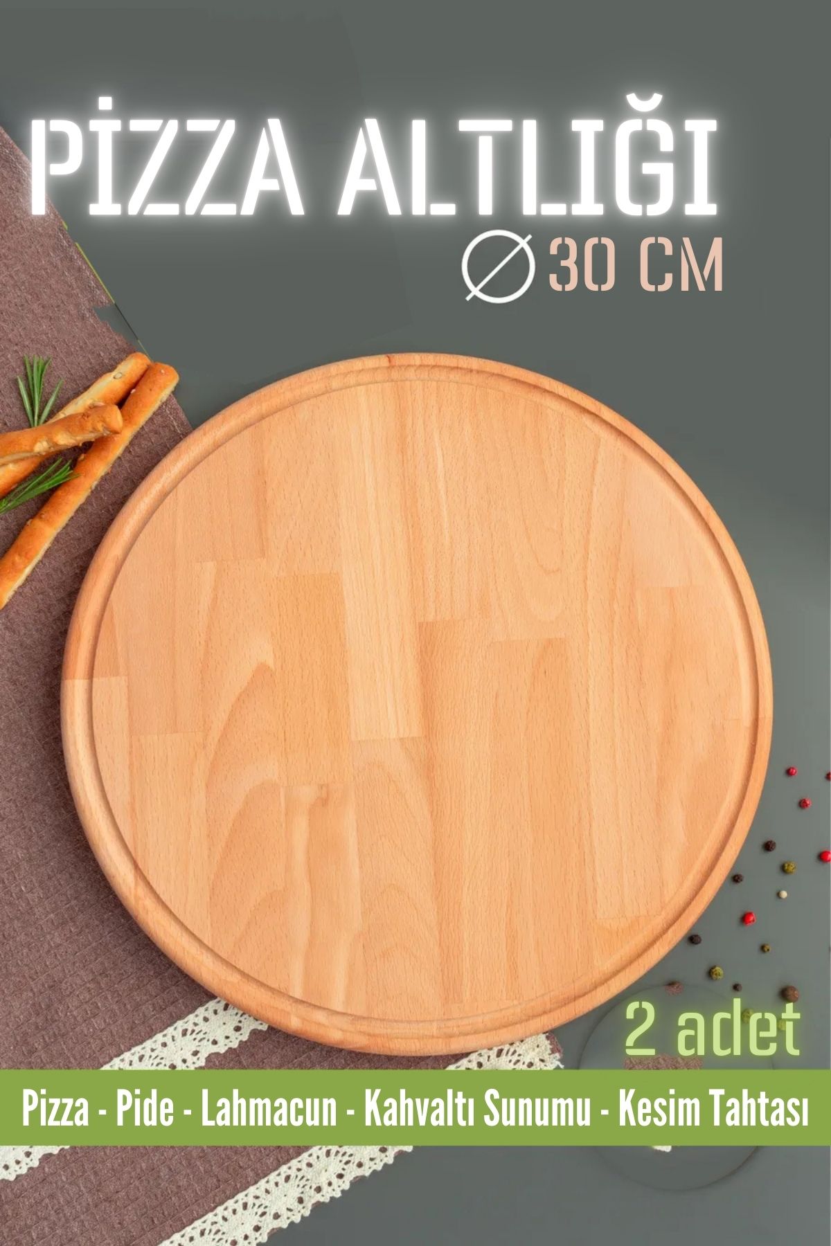 ModaCar Ahşap Pizza Lahmacun Pide Sunum ve Kesim Tahtası 30 cm 2 ADET  