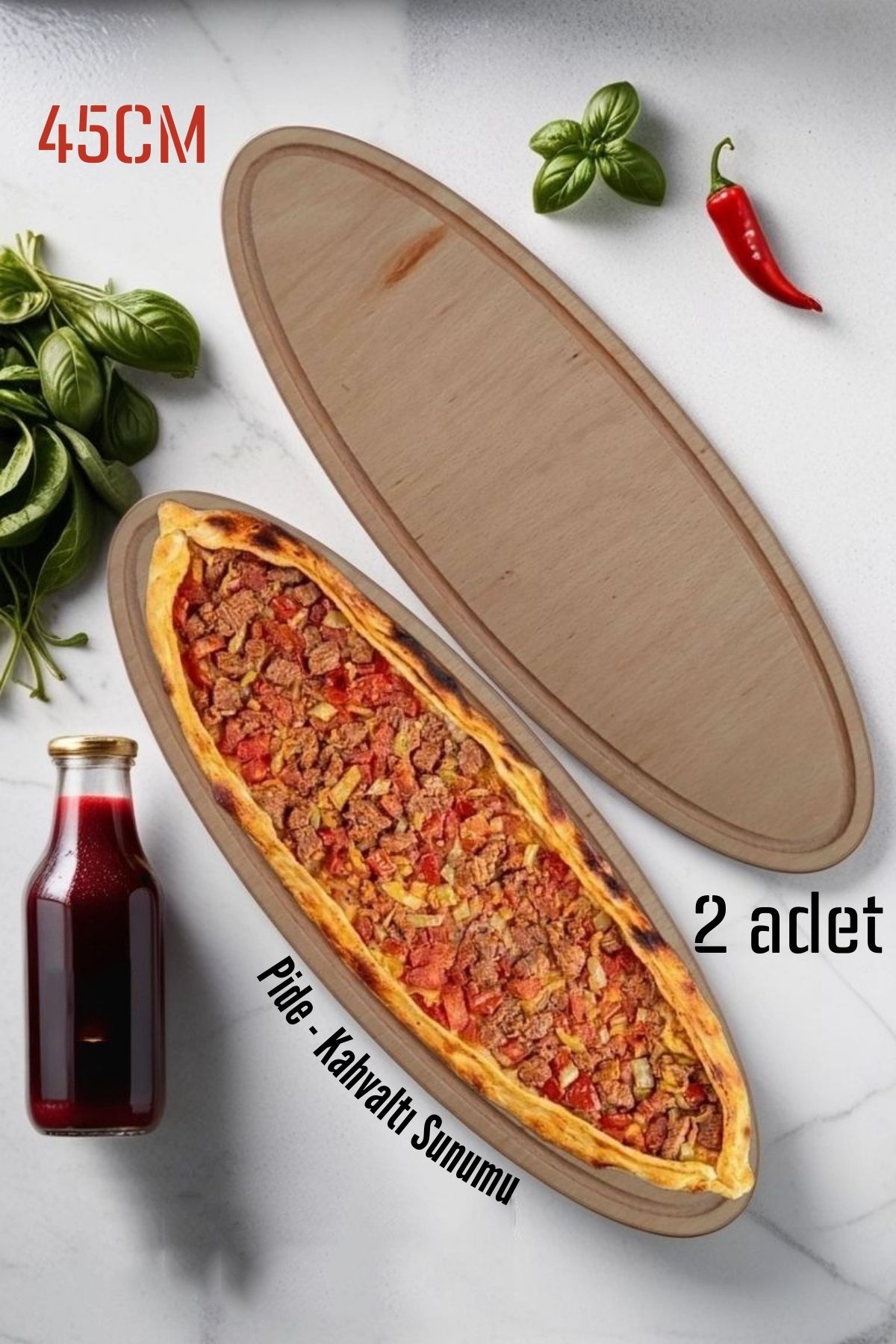ModaCar Ahşap Pide Sunum ve Kesim Tahtası 2 adet 45 Cm