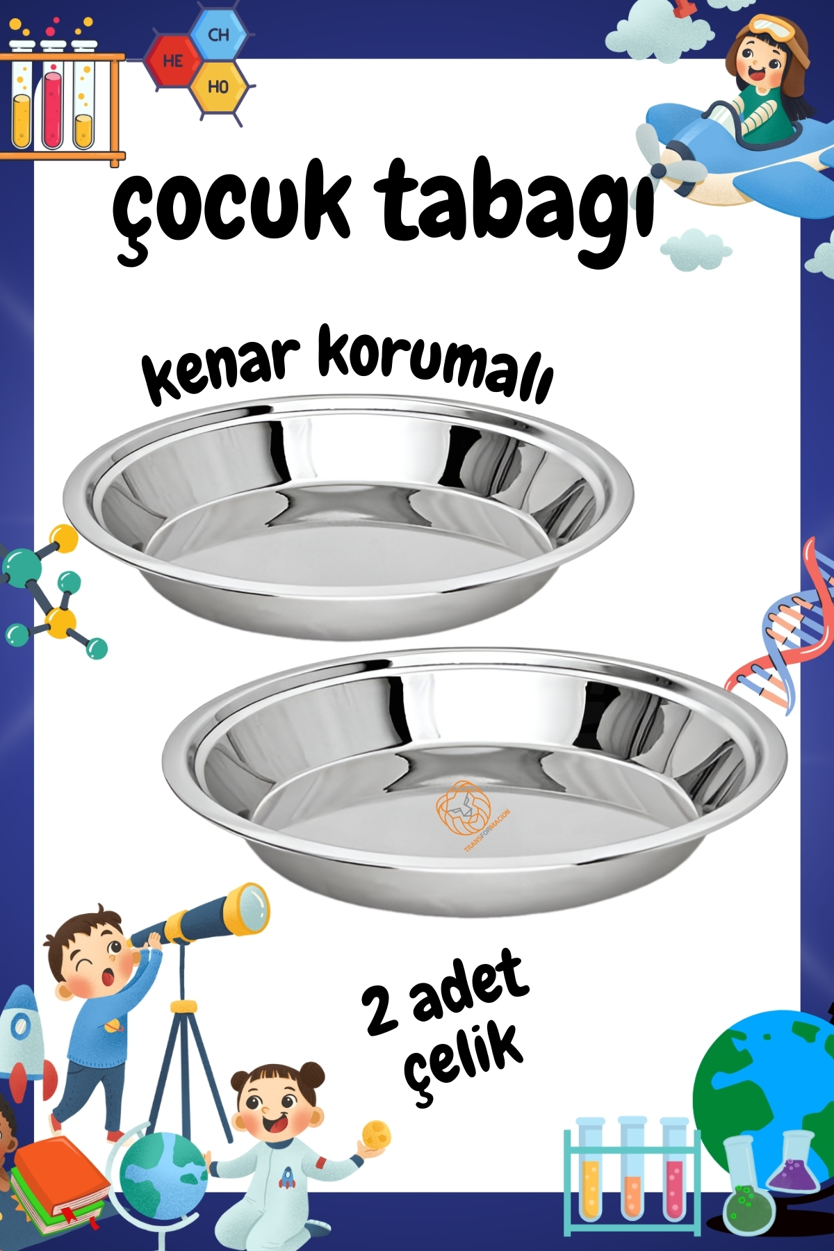Çocuk Tabağı Güvenli Kenarlı Çelik 2 Adet 21 cm  