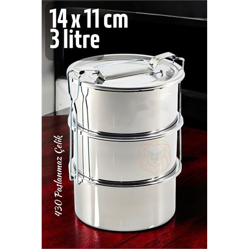 ModaCar Sefer Tası Yemek Kabı Paslanmaz Çelik 3 Katlı 14 cm 3 LİTRE  